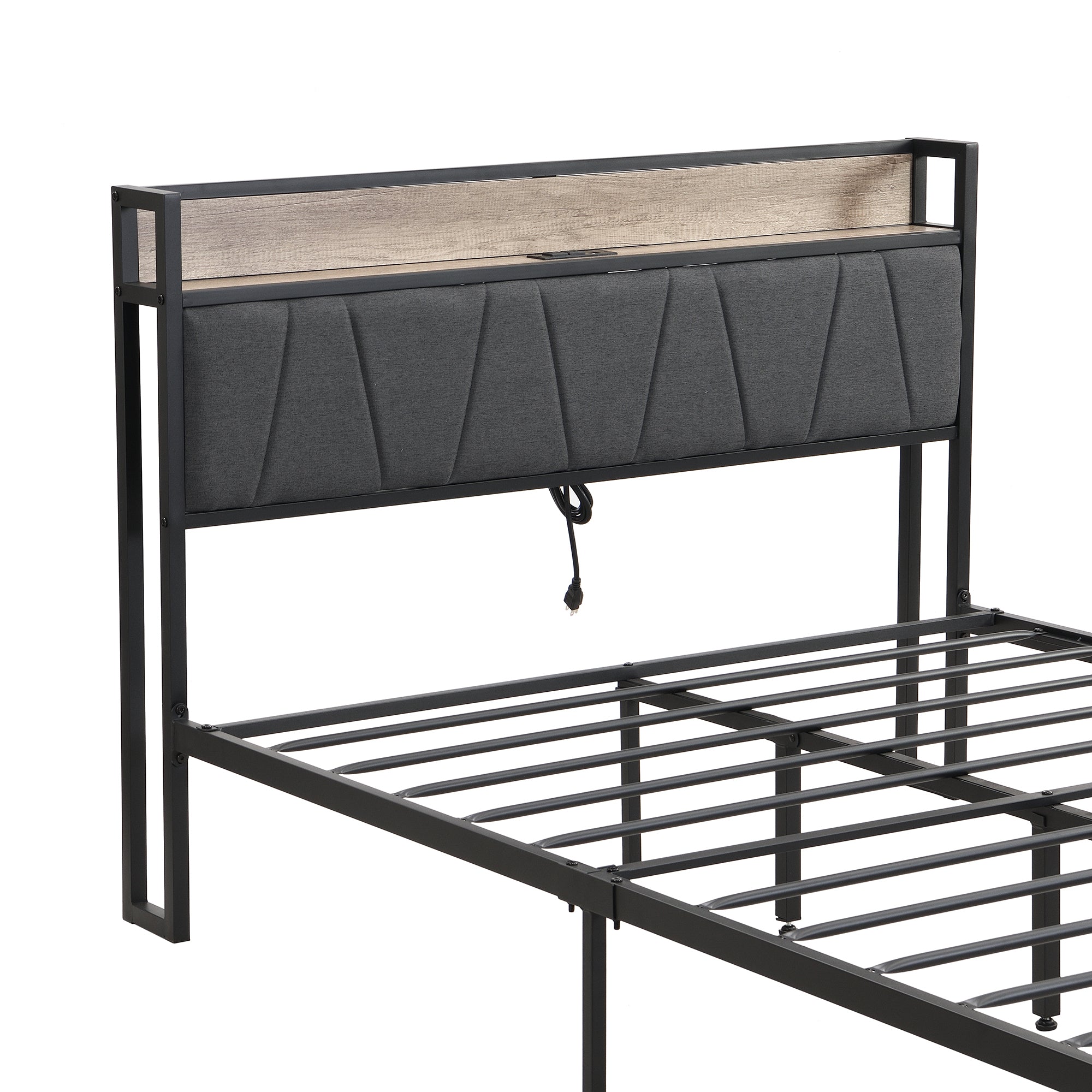 Queen  Size  Metal Platform Bed Frame with upholstery storage function Headboard   and USB LINER  and Footboard  , No Box Spring Needed, Large Under Bed Storage, Easy Assemble