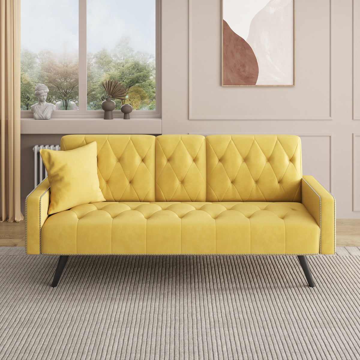 72" Yellow Velvet Sofa Bed with Nail Head Trim & Two Cup Holders Sleeper Sofa for Small Living Room