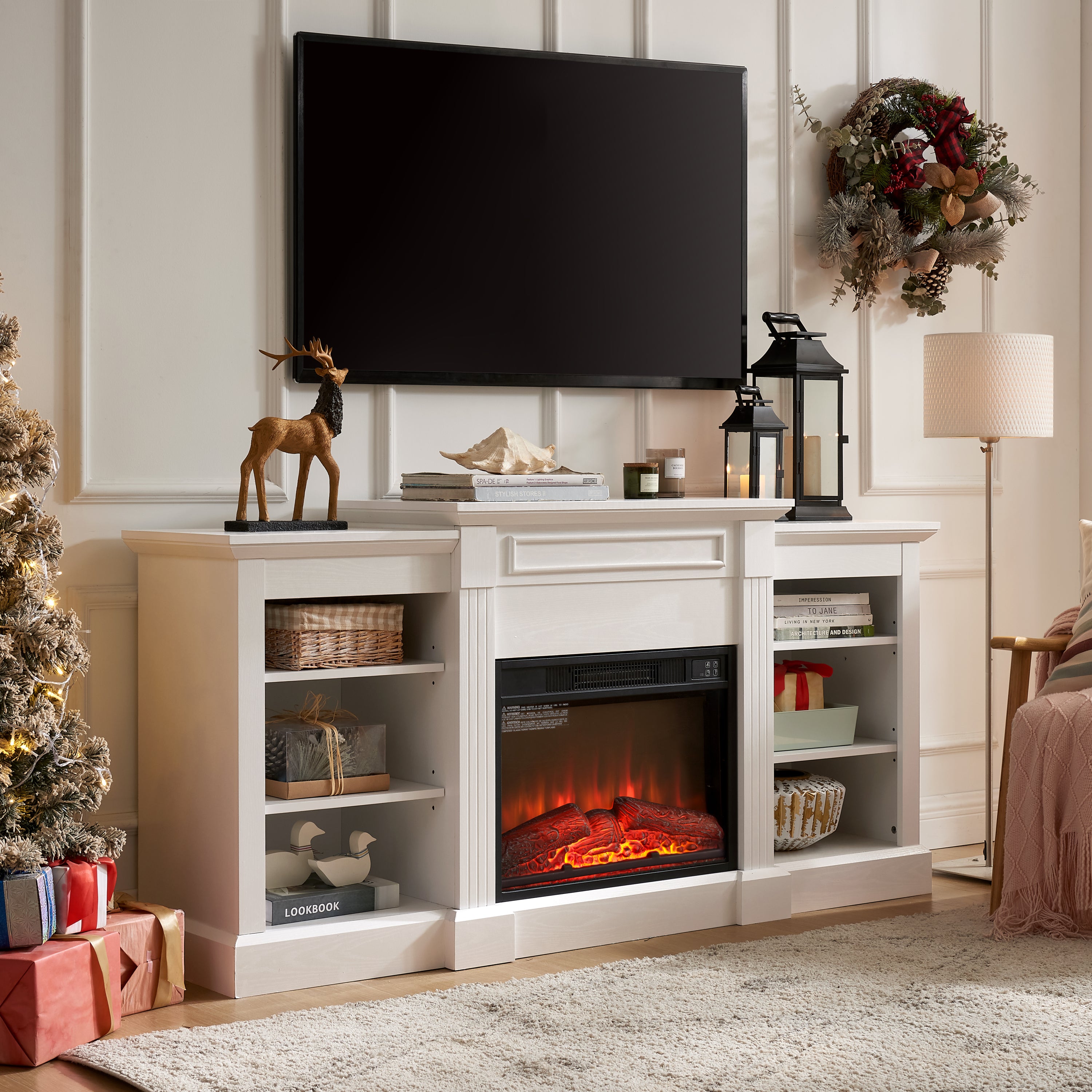 Modern Media Console Table with Large Storage, 23" Fireplace Insert, Fits TVs up to 70", White