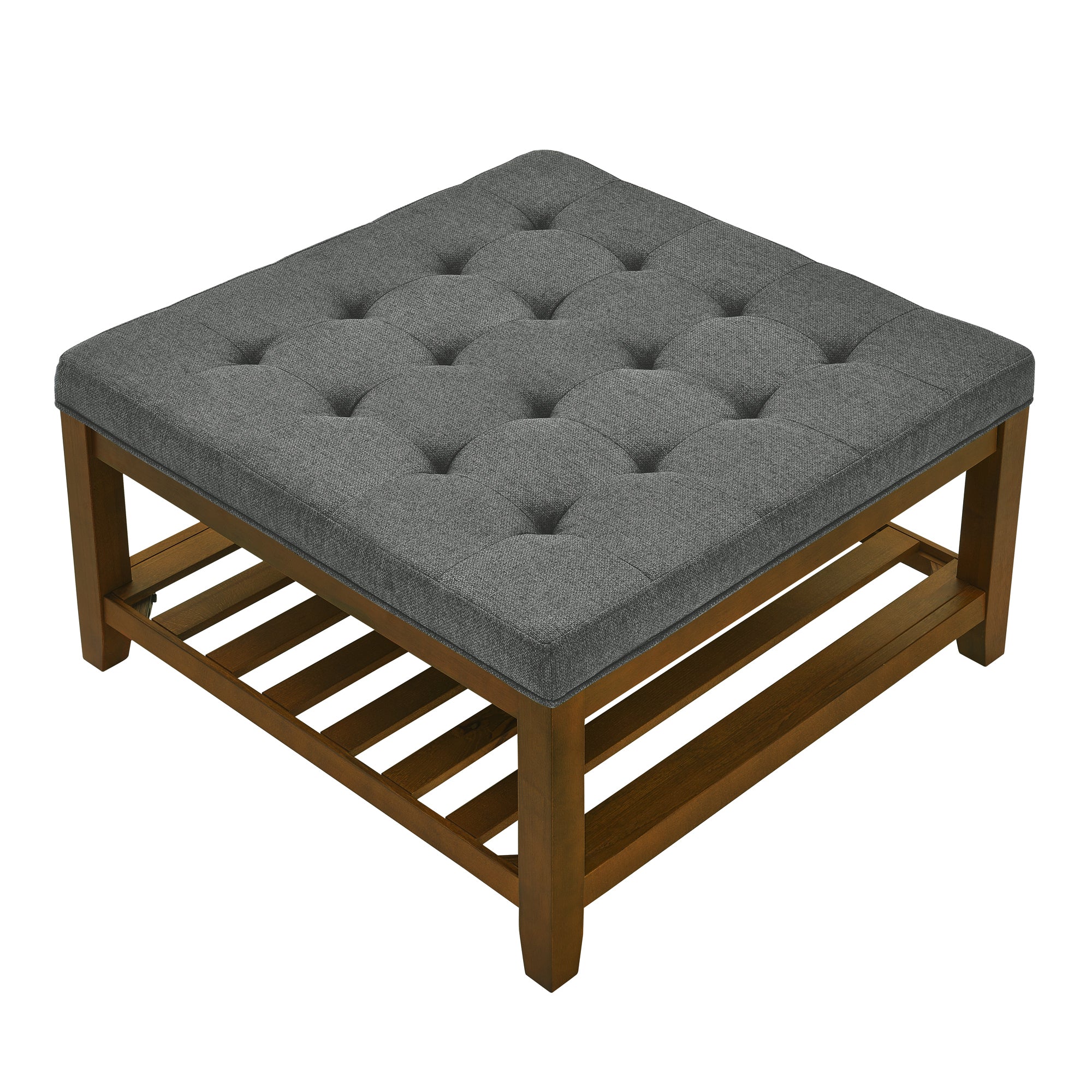 Tufted Upholstered Square Coffee Table Ottoman with Beech Wood Shelf, Oversized Footrest for Living Room, Dark Gray