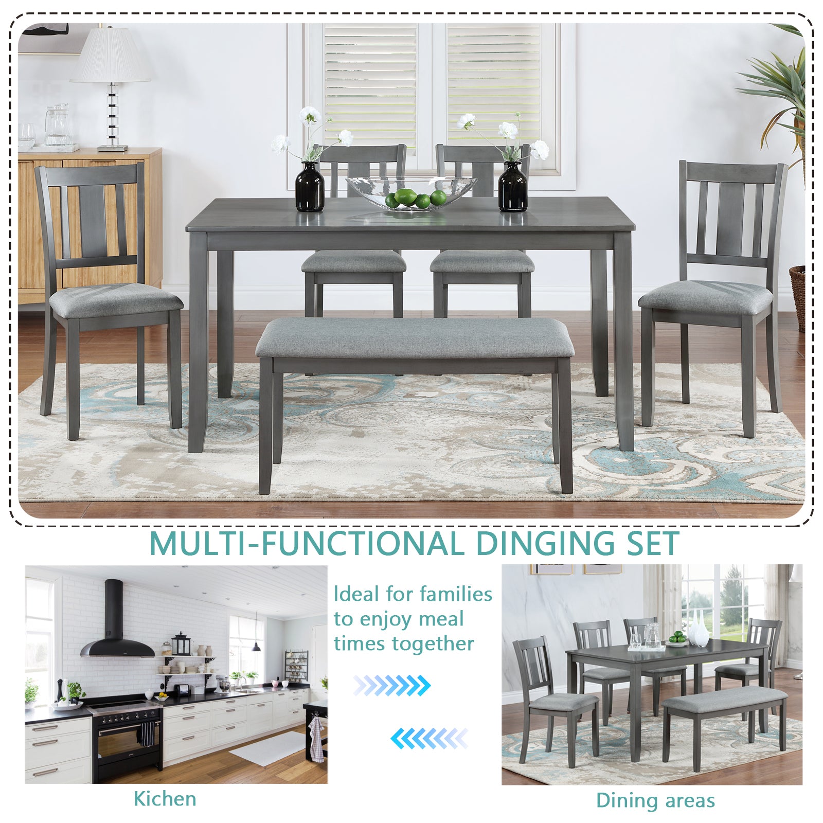 6 Piece Kitchen Dining Set, Rectangular Wooden Dining Table with 4 Upholstered Chairs and a Bench, Dining Table Set for 6 People, Living Room, Home Bar and Kitchen, Gray