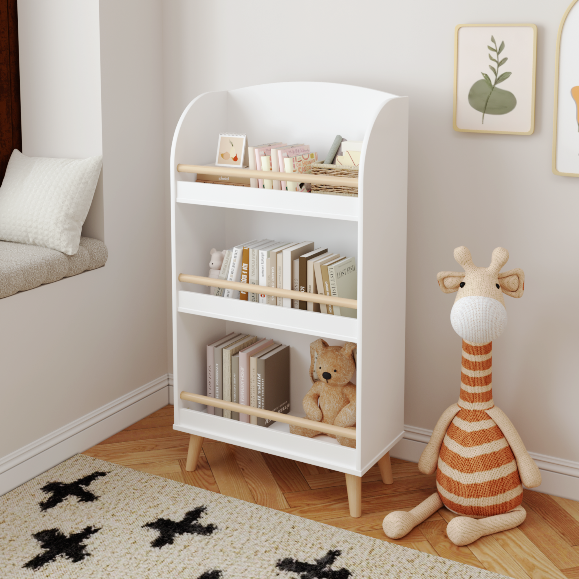 Kids Bookshelf, 3-Tier Bookcase, Book Organizer, toy Storage Cabinet Organizer, White