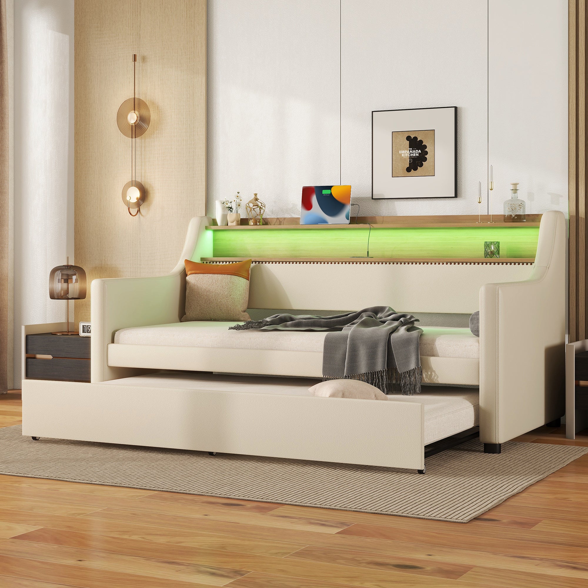 Twin Size Daybed with Trundle, Upholstered Sofa Bed with Charging Station and LED Lights, Beige