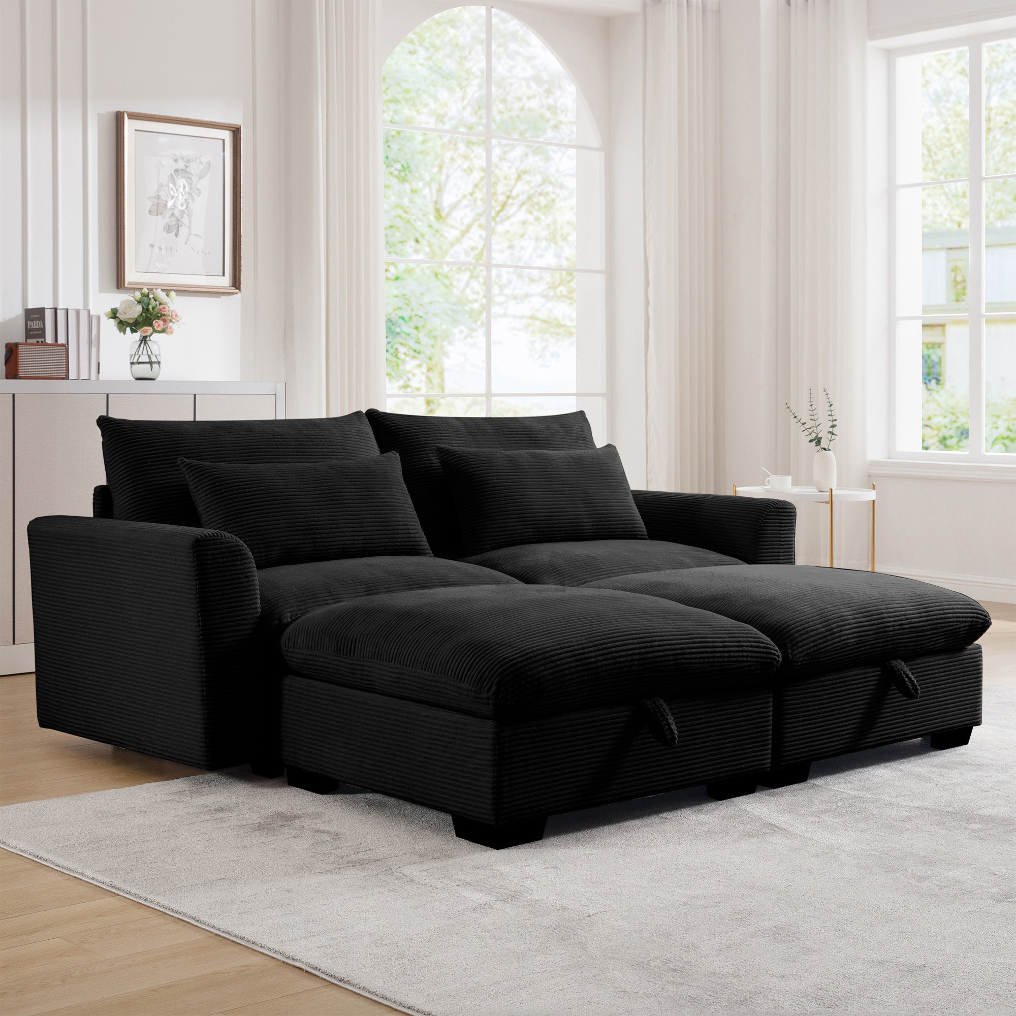 Corduroy Two-Seater Sofa with 2 Storage Footrest,2 Seater Sectional  deep seat sofa,Comfy Couches for Living Room,Black Sofa