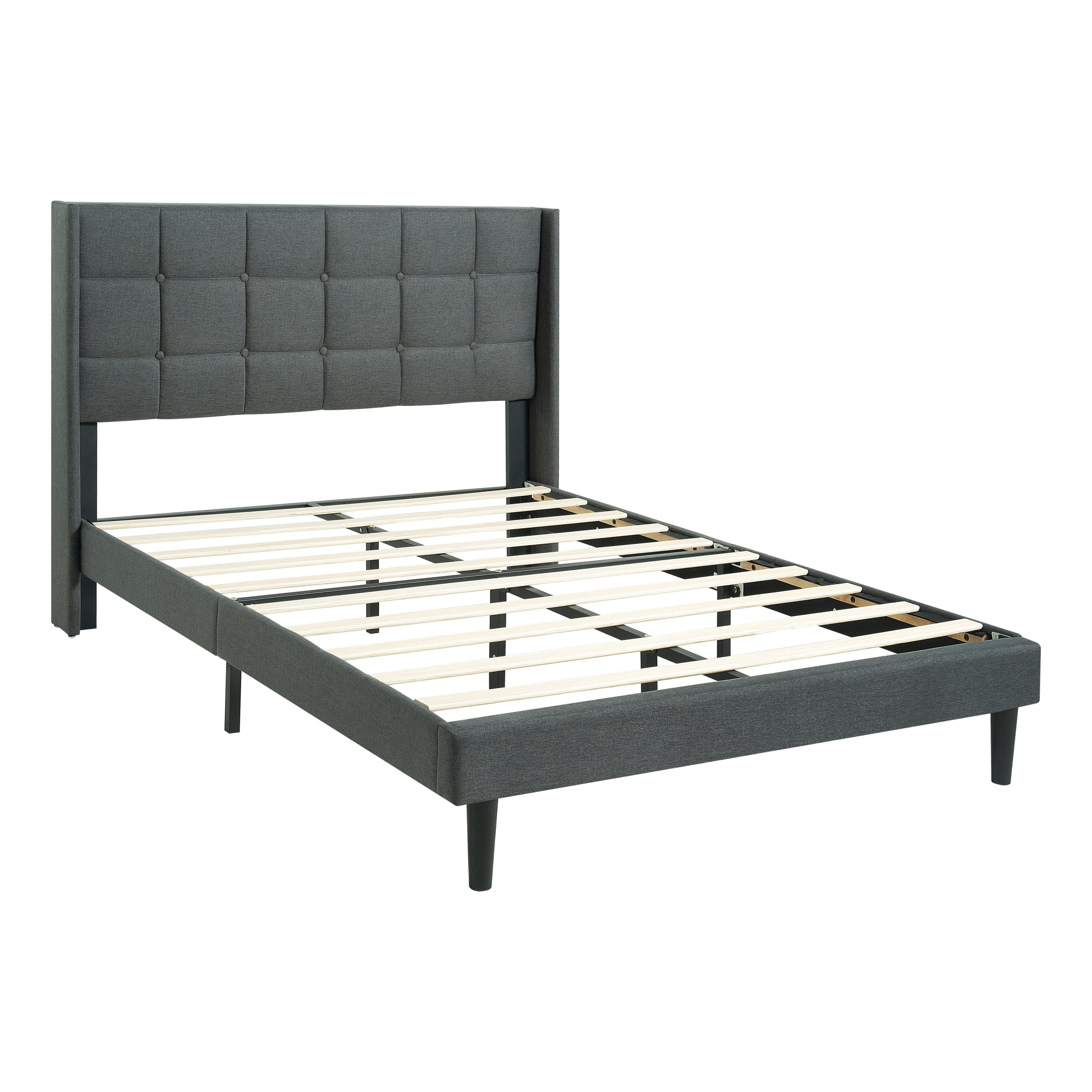 Queen Size Upholstered Platform Bed Frame with Modern Button Tufted Linen Fabric Headboard, No Box Spring Needed, Wood Slat Support, Easy Assembly, Drak Grey