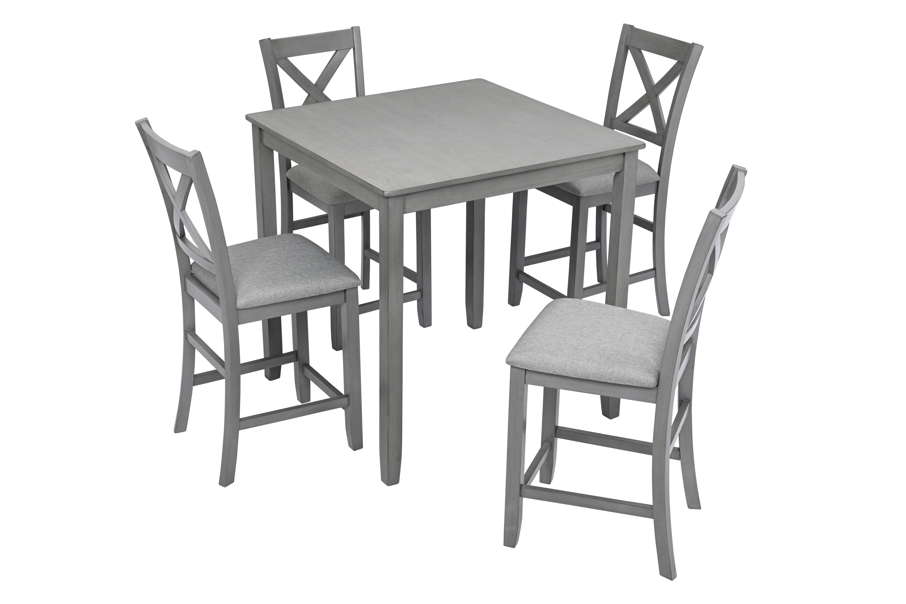 5 Piece Dining Table Set, Wooden Dining Square Table Set for 4, Counter Height Kitchen Table Set with Square Table and 4 Upholstered Chairs for Small Space, Gray