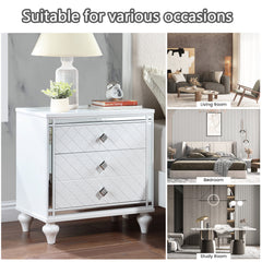 Contemporary Nightstands with mirror frame accents, Bedside Table with two drawers and one hidden drawer, End Table with Crystal Pull for Living Room,Bedroom, White