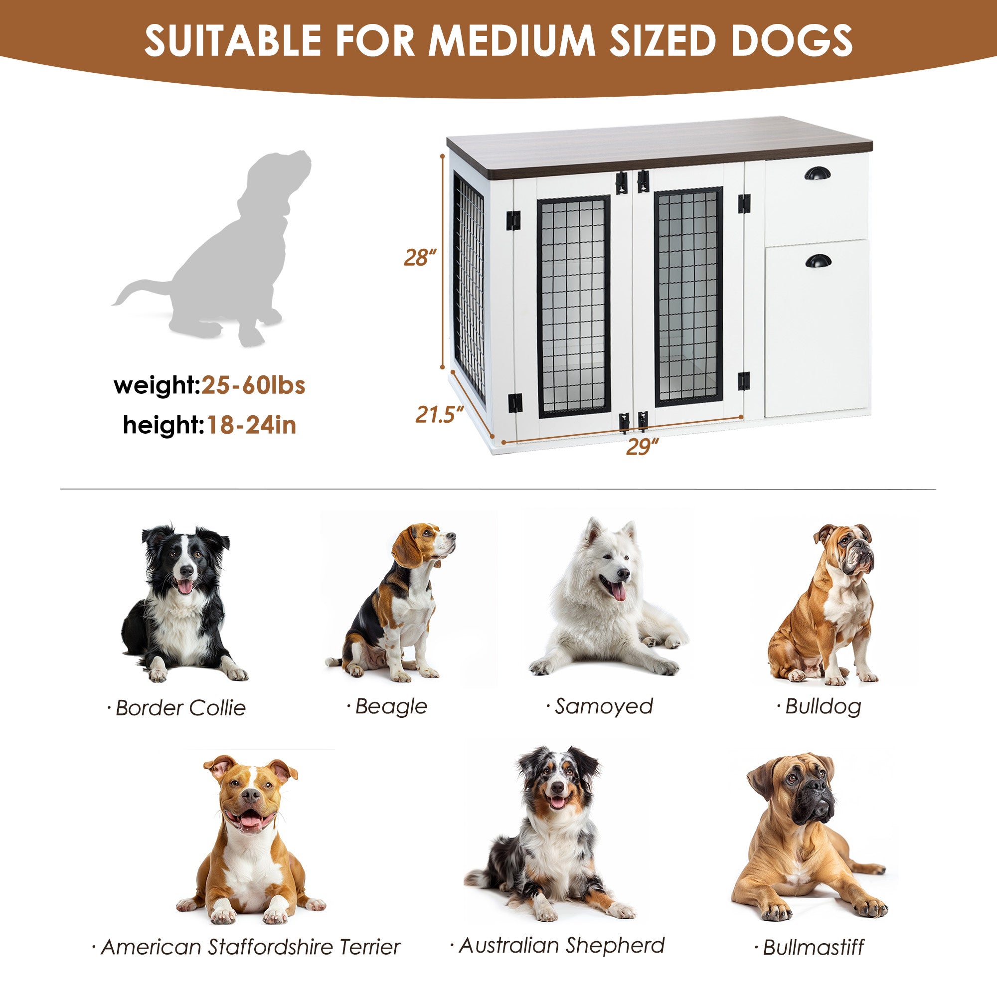 Furniture style dog cage, wooden dog cage, double door dog cage, side cabinet dog cage, Dog crate