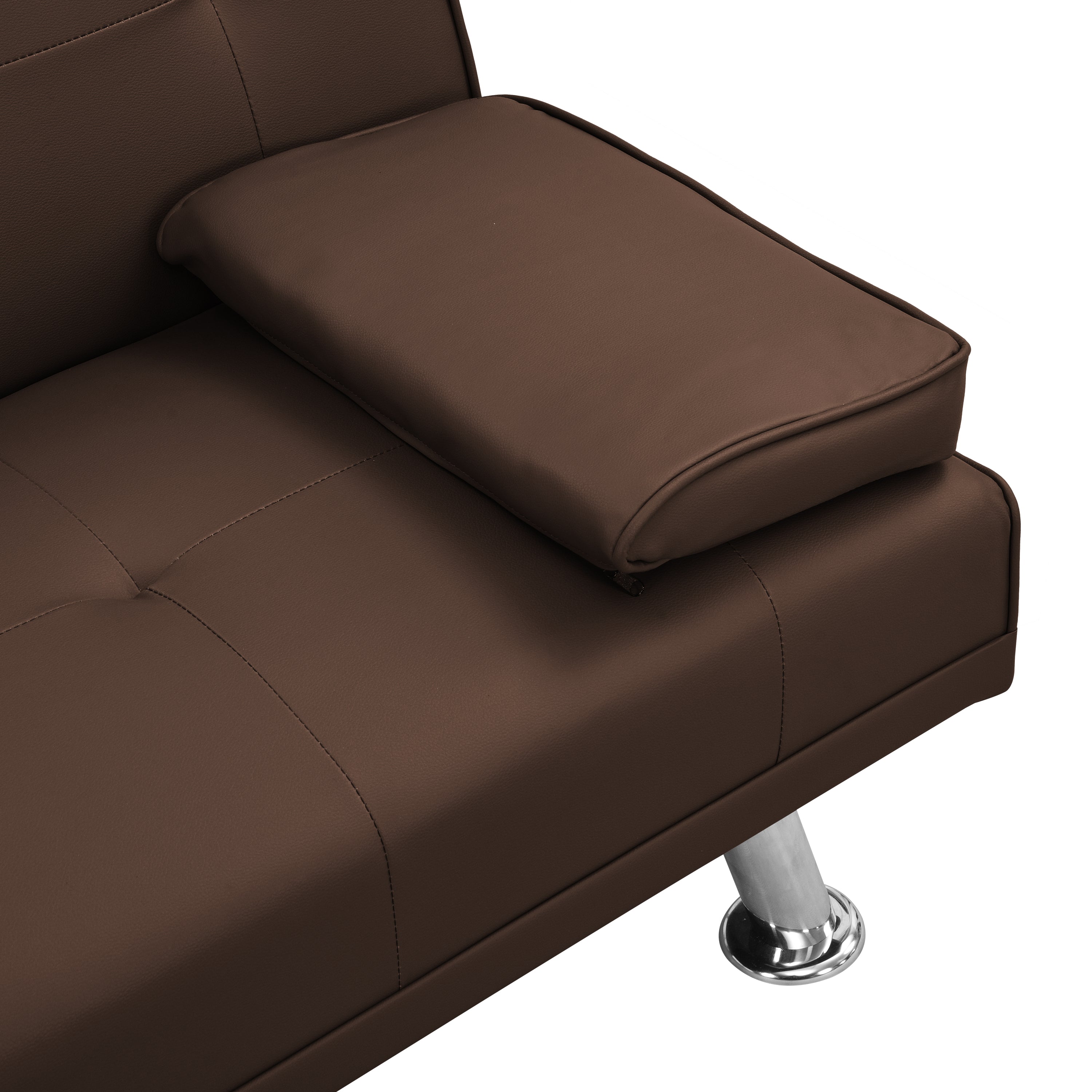 Sofa Bed with Armrest two holders  WOOD FRAME, STAINLESS LEG, FUTON BROWN  PVC