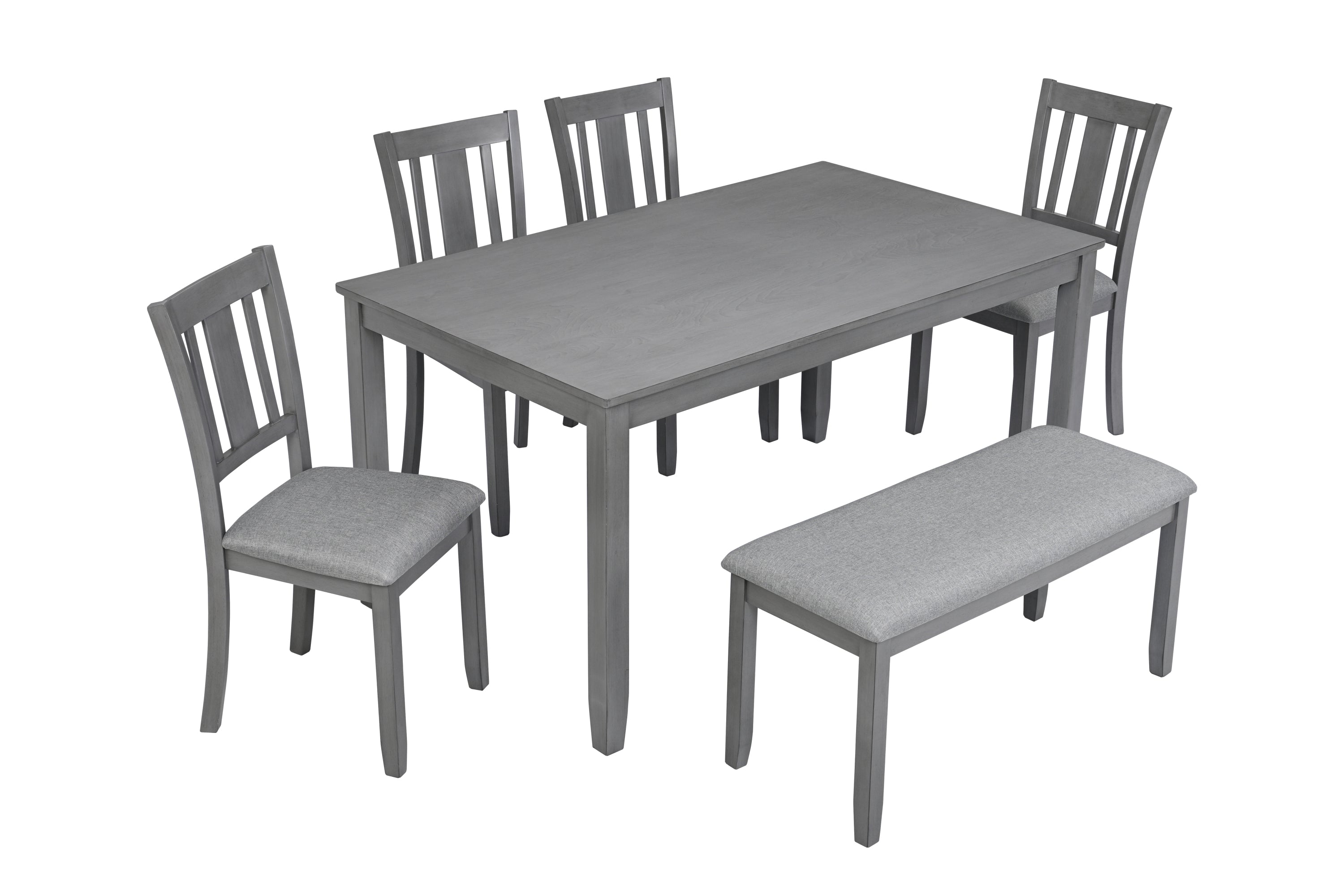 6 Piece Kitchen Dining Set, Rectangular Wooden Dining Table with 4 Upholstered Chairs and a Bench, Dining Table Set for 6 People, Living Room, Home Bar and Kitchen, Gray