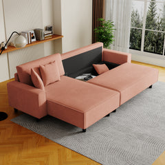 Modern 3-Seater Orange Corduroy Sofa Bed with Two Pillows - Sectional L-Shaped Sofa with Storage