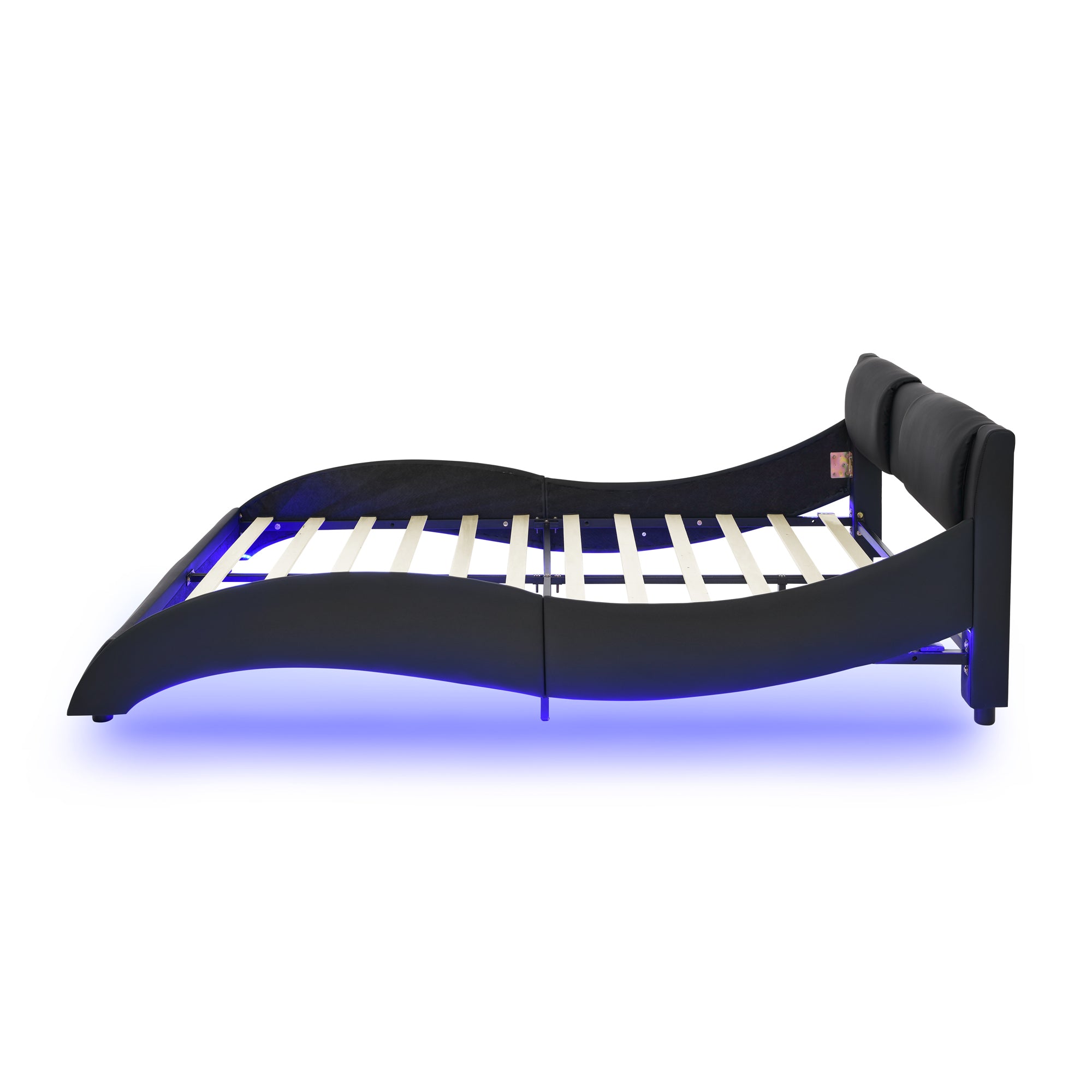 Queen Led Bed Frame Modern Faux Leather Upholstered Platform Bed Frame with RGB LED Lights and Headboard Wave Like Curve Low Profile Bed Frame,Wood Slats Support,Easy Assembly, Black