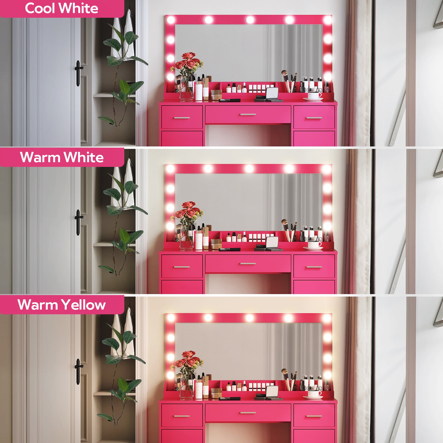 47.2"Vanity Desk with Large Mirror, 3 Colour Lighting Modes, Adjustable Brightness, Dresser with 3 Drawers & 2 Vertical Cabinets, Makeup Vanity Table for Women &  Girls (Rose Pink)