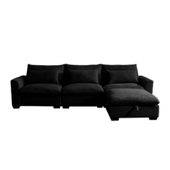 Corduroy Sectional Sofa,  L Shaped Couch with Storage Footstool and 3 Pillow, Sectional Couch for Living Room Apartment, Black