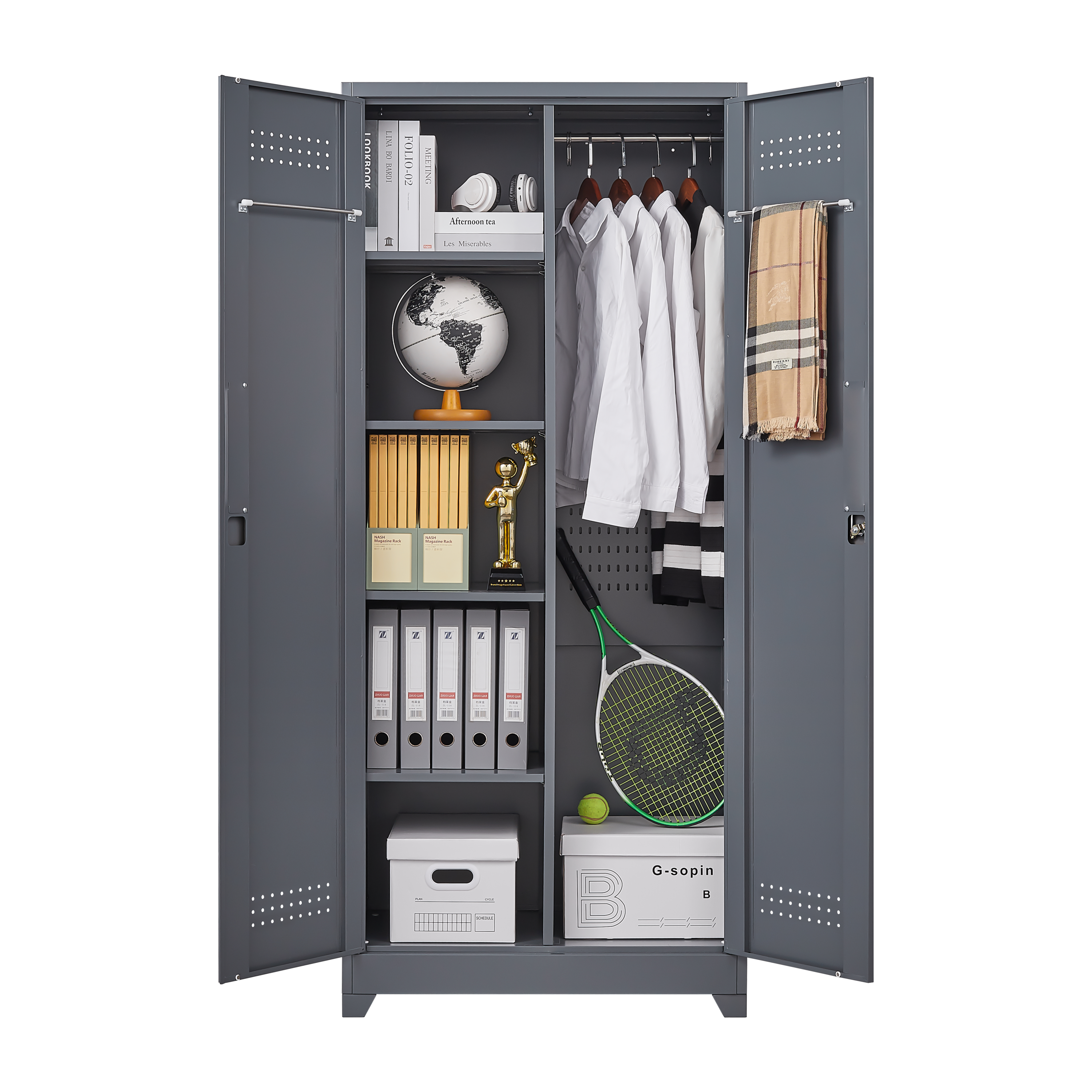 Metal Storage Cabinets, Cleaning Tool Cabinet with Locking Door, Tall Broom Tool Organizer and Storage, Large Storage Cabinet for Kitchen, Pantry, Office, Shop