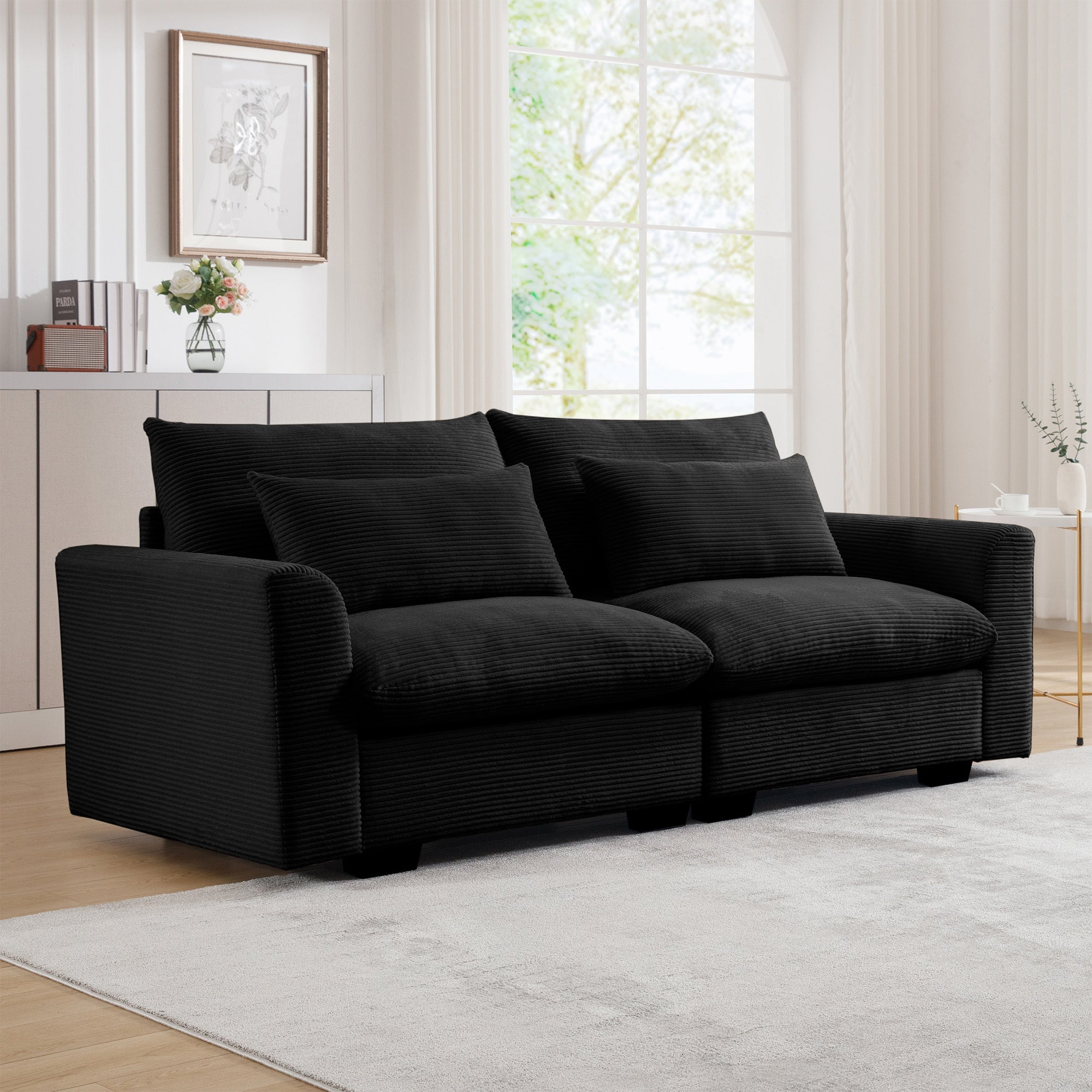 Modern Sofa 2 Seater Corduroy Fabric Sofa with Armrests for Apartment Living Room, Black