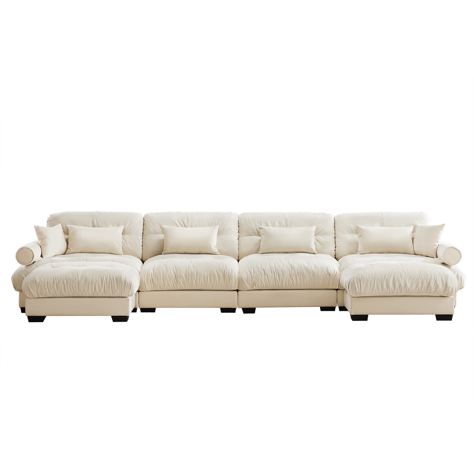 U-Shaped Velvet Sectional Cloud Couch with Movable Ottomans, Deep 4-Seater with Bolstered Armrests and Pillows, Cream