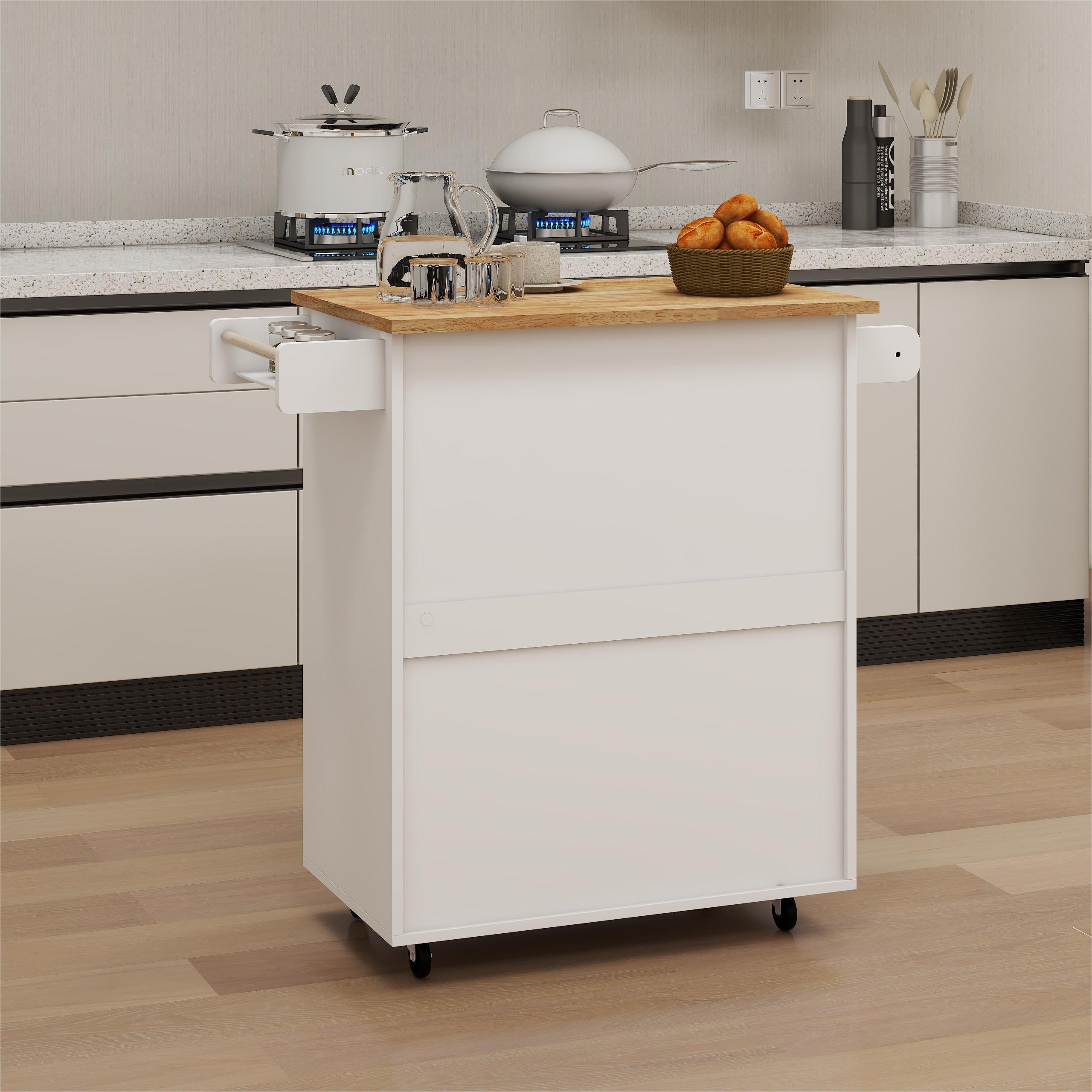 Kitchen island rolling trolley cart with Adjustable Shelves & towel rack & seasoning rack rubber wood table top-White