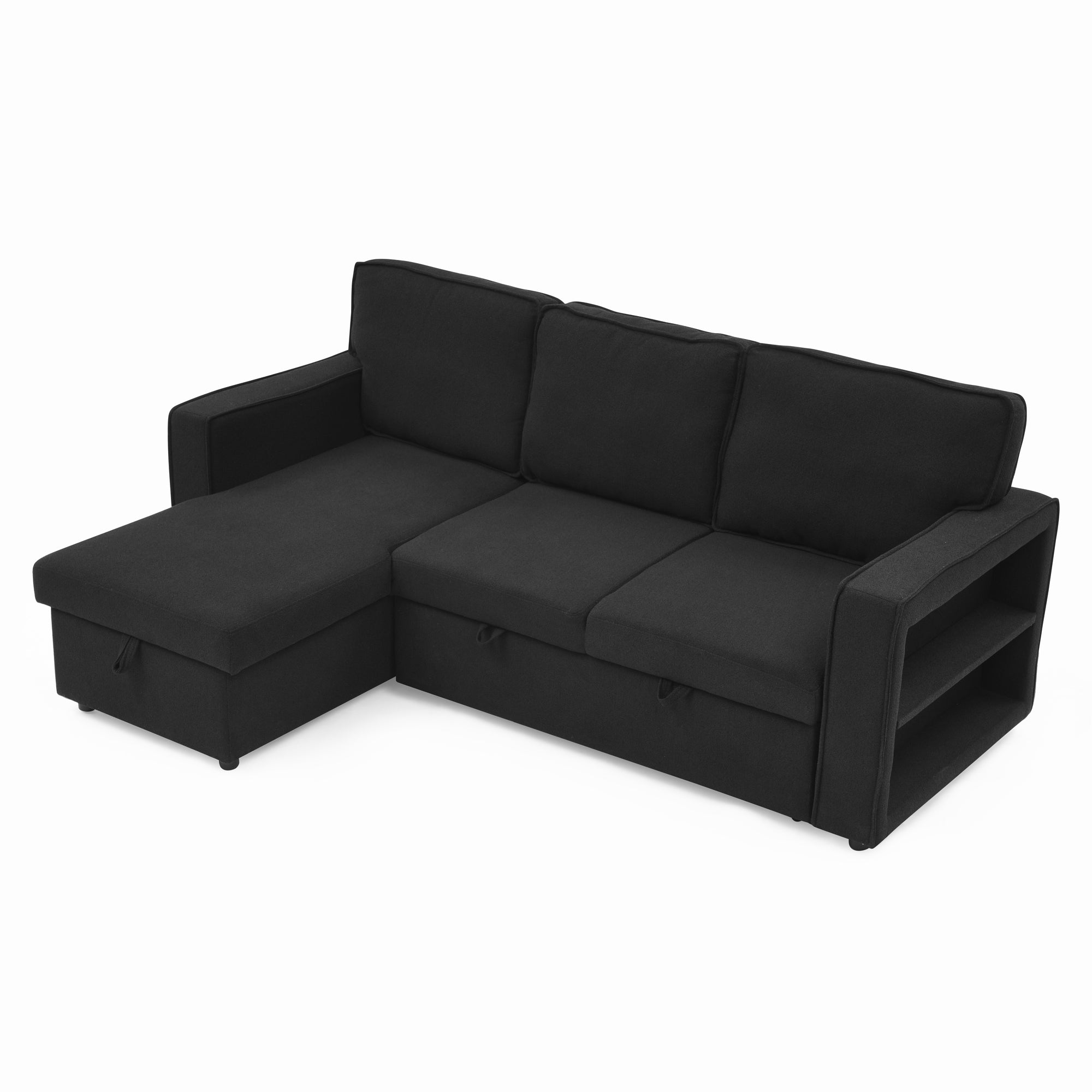 Linen Upholstered Sleeper Sectional Sofa, Shaped Modular Convertible Sofa with Storage Chaise,There are two cup holders in the middle and USB multi-interface function,Pull Out Sleep Couch Bed ,Black