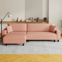 Modern 3-Seater Orange Corduroy Sofa Bed with Two Pillows - Sectional L-Shaped Sofa with Storage