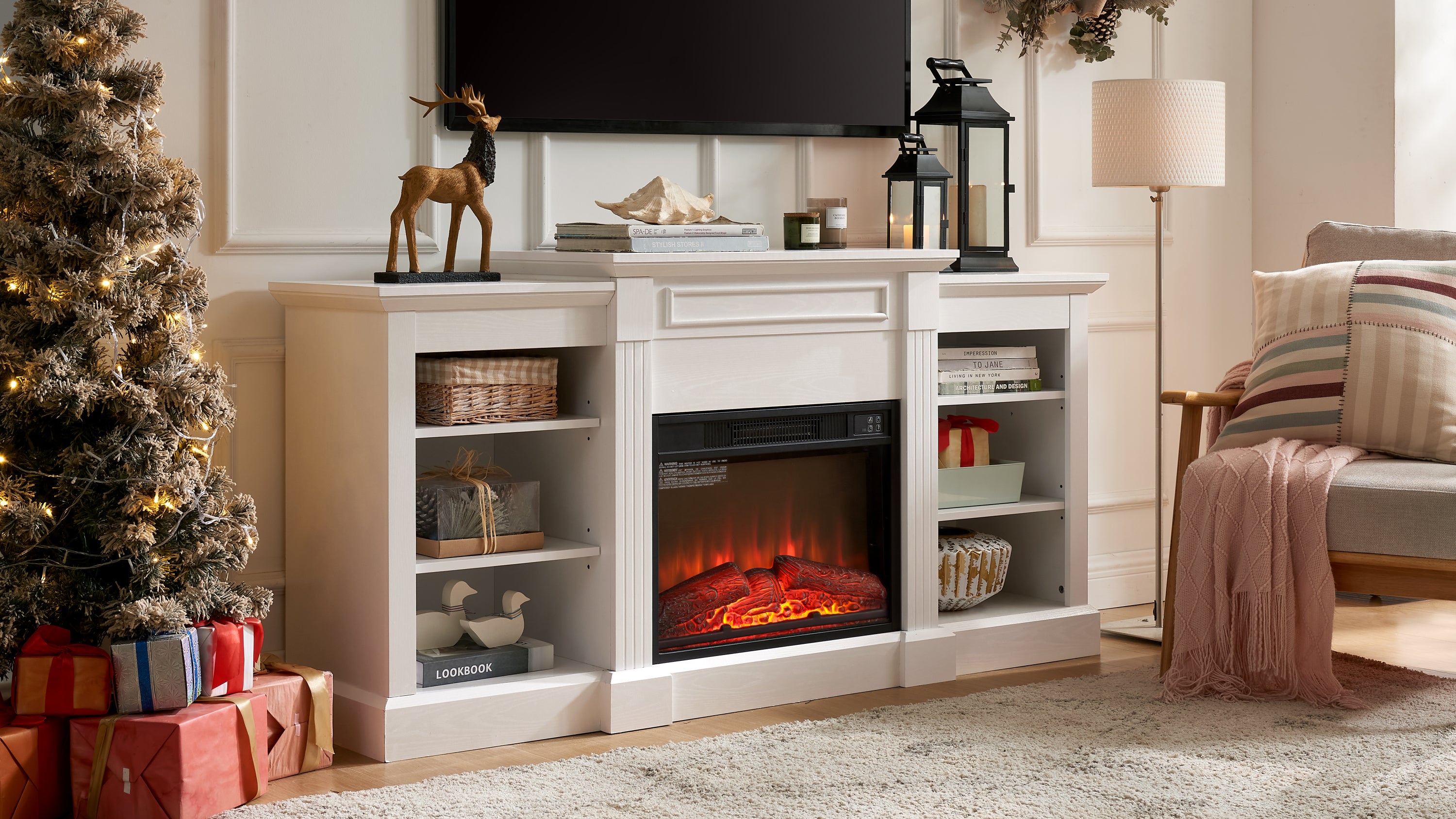 Modern Media Console Table with Large Storage, 23" Fireplace Insert, Fits TVs up to 70", White