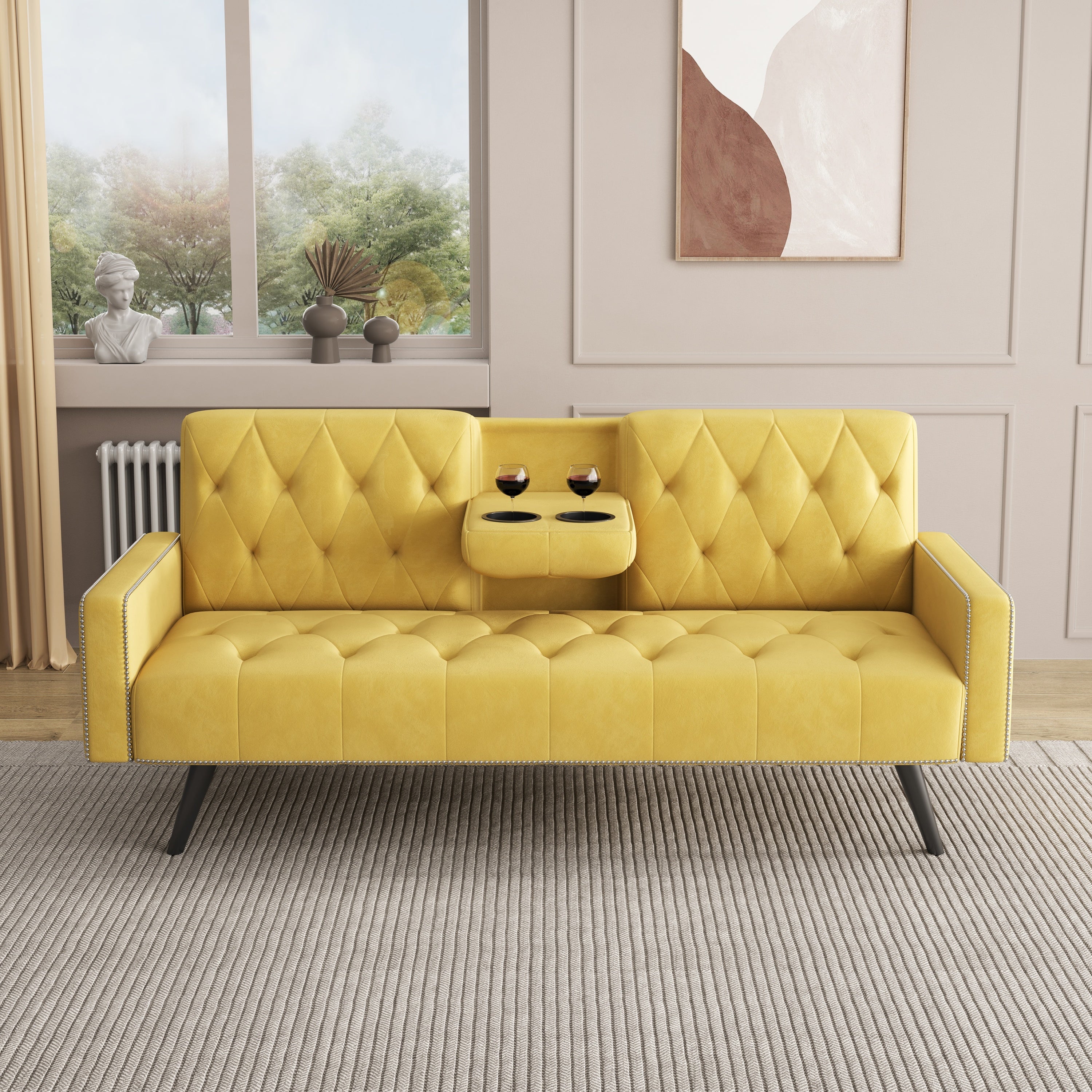 72" Yellow Velvet Sofa Bed with Nail Head Trim & Two Cup Holders Sleeper Sofa for Small Living Room