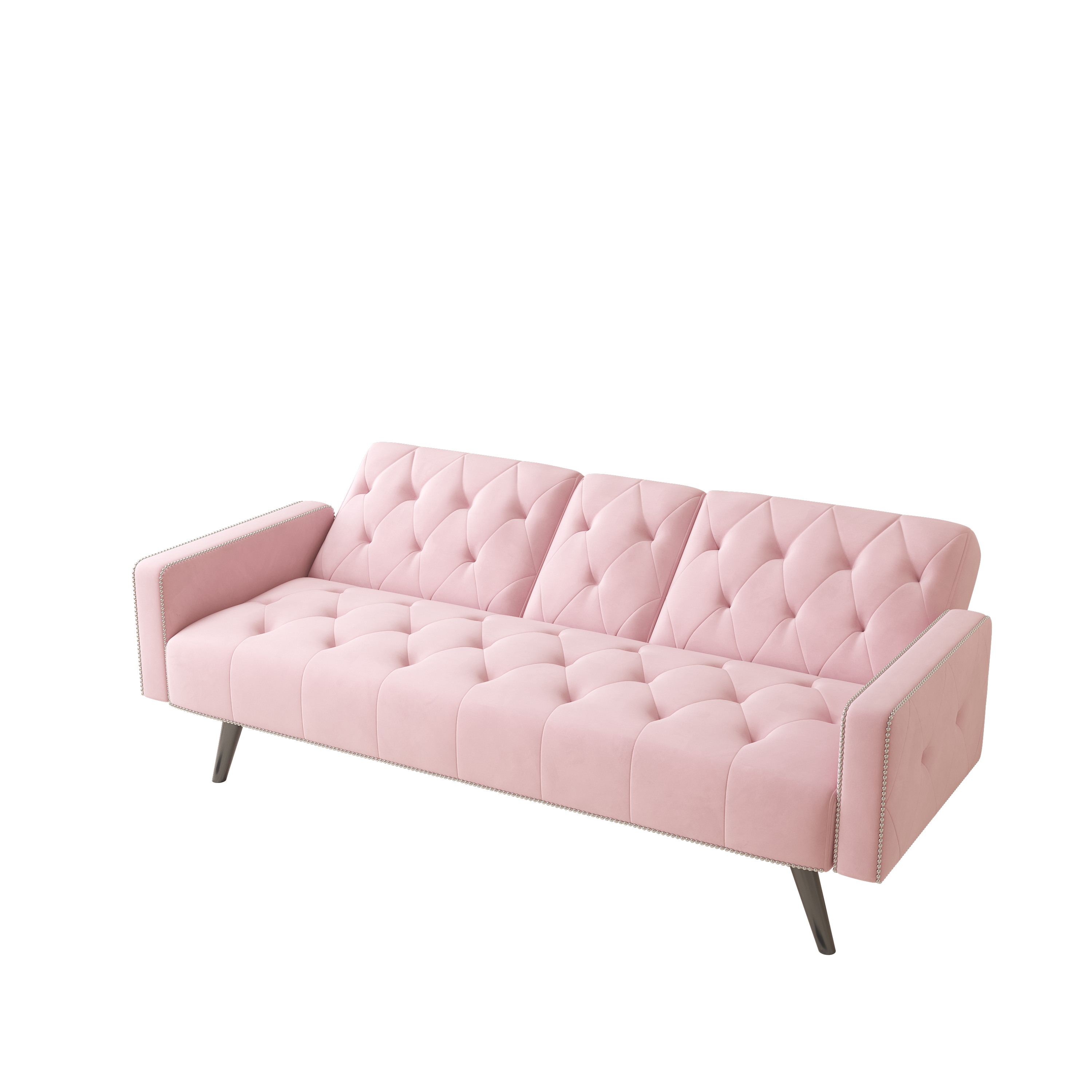 72" Pink Velvet Sofa Bed with Nail Head Trim & Two Cup Holders Sleeper Sofa for Small Living Room