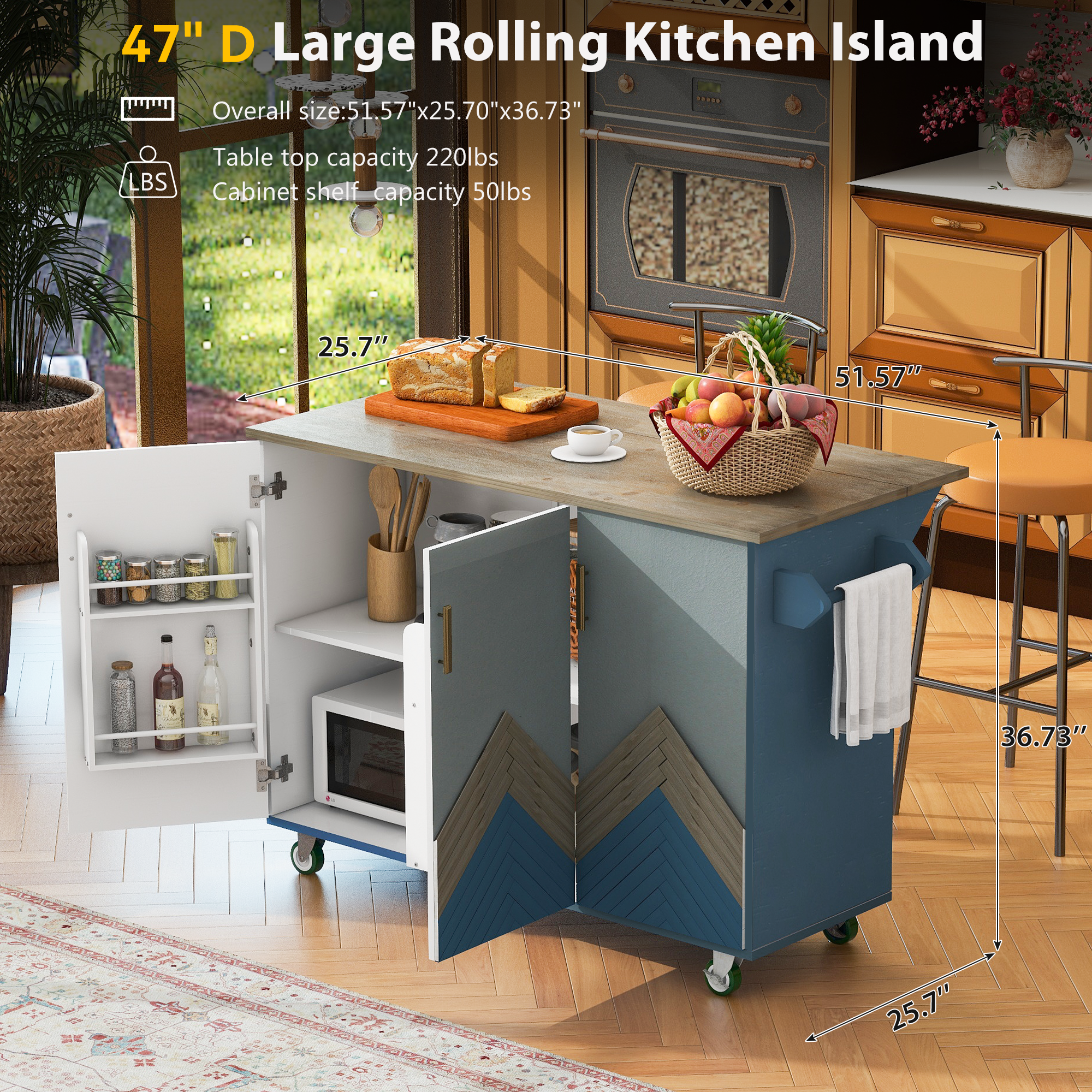 47"D Kitchen Island with Drop Leaf, Accent Cabinet and Internal Storage Rack for Living Room, Kitchen, Dining Room, Navy Blue