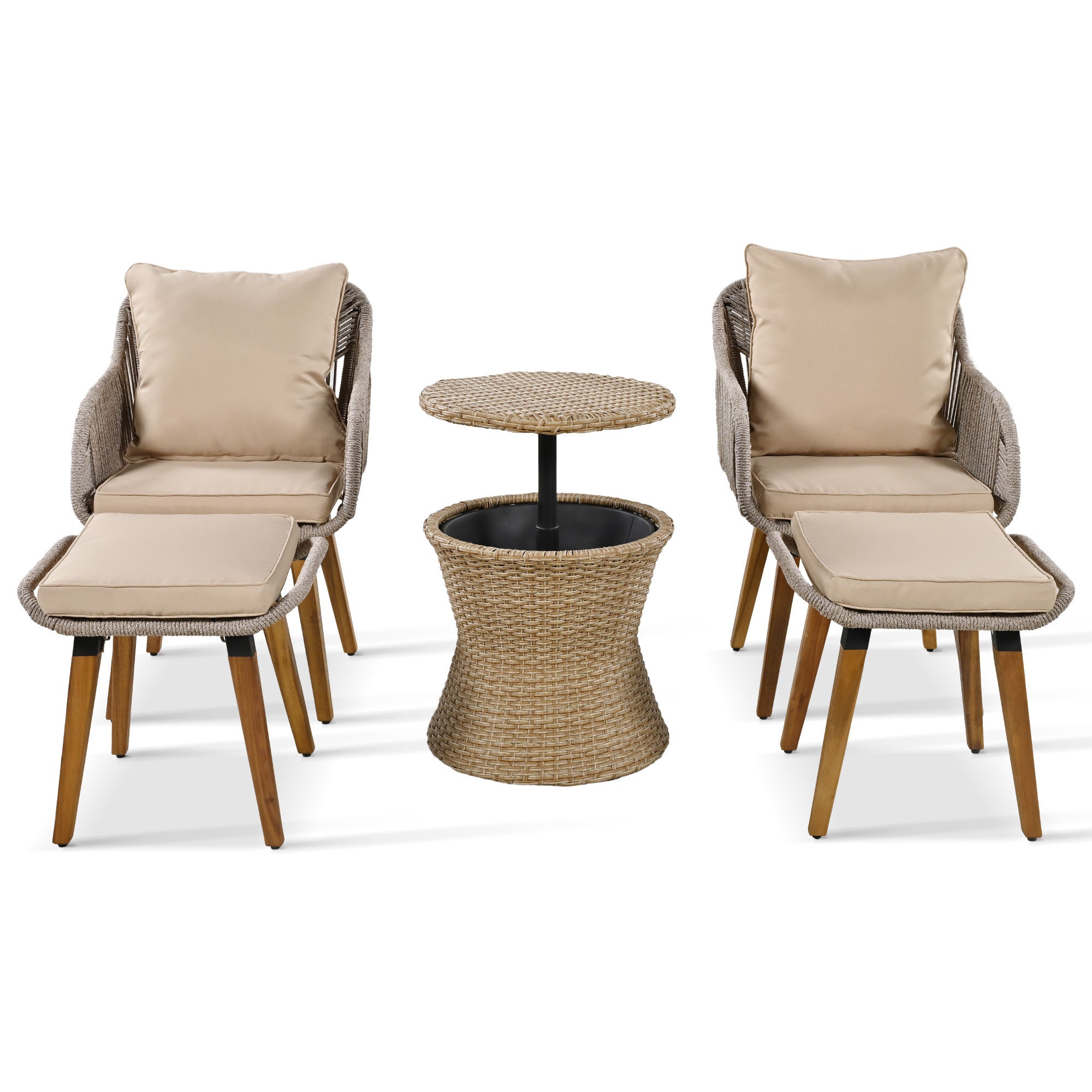 K&K Patio Conversation Set - 5 Pieces Wicker Furniture Chairs Set with a Cool Bar Table - Brown