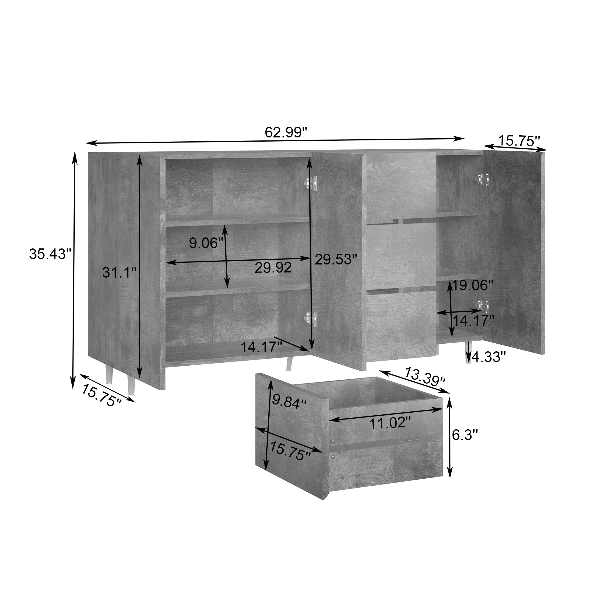 63" White Sideboard with Doors & Drawers for Storage Minimalistic Buffet for Dining Room