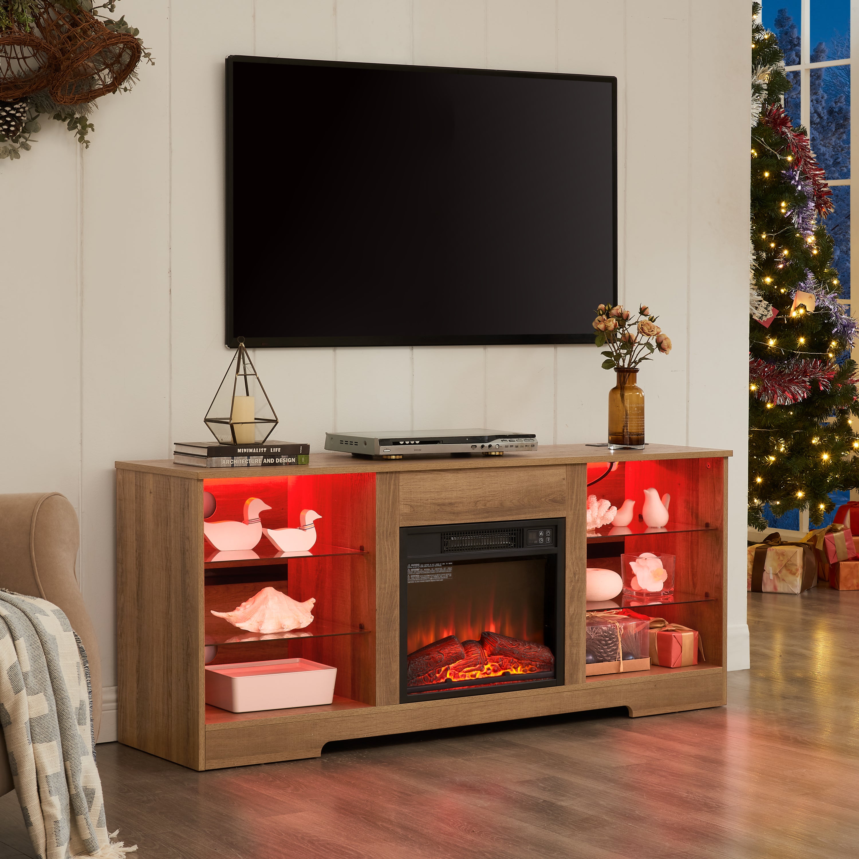 Electric Fireplace TV Stand with Glass Shelves, LED Lights, USB Charging Outlet, Fits TVs up to 62", Natural