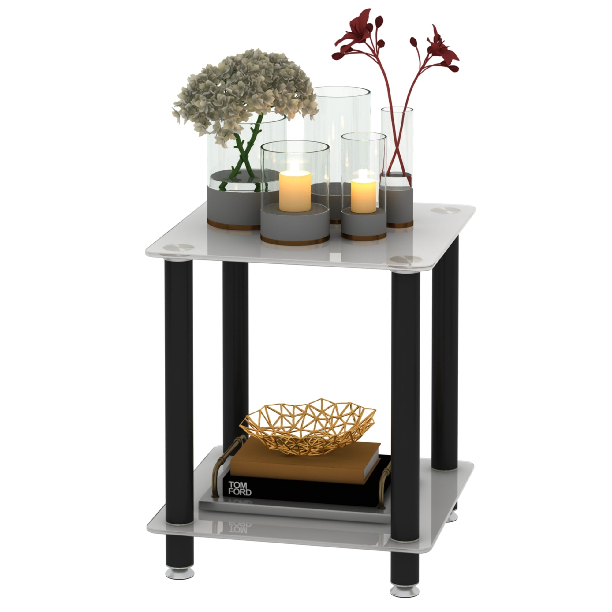 1-Piece White+Black Side Table , 2-Tier Space End Table ,Modern Night Stand, Sofa table, Side Table with Storage Shelve