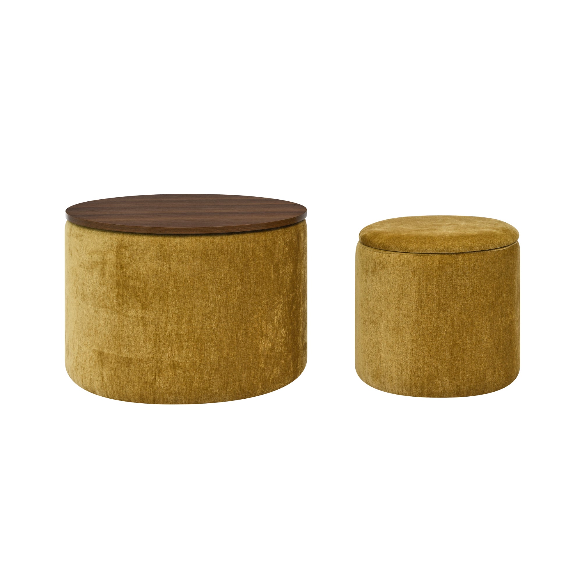 2-Piece Set Round Chenille Storage Ottoman, Equipped with a Drum Shaped Small Stool, Storage Space, and MDF Made Desktop Panel (Dark Yellow 23.62"x23.62"x16.53")