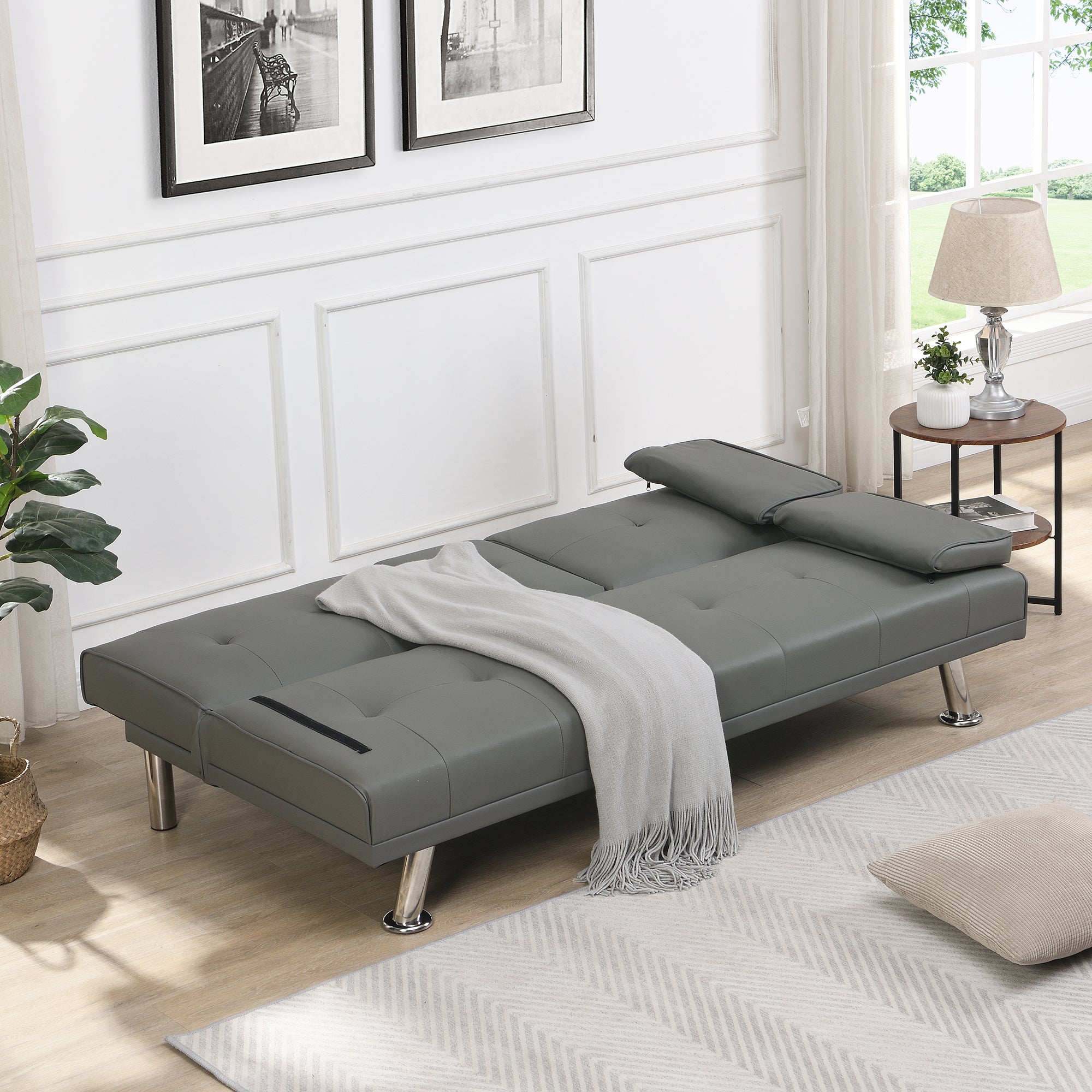 sofa bed with Armrest two holders  WOOD FRAME, STAINLESS LEG, FUTON GREY PVC