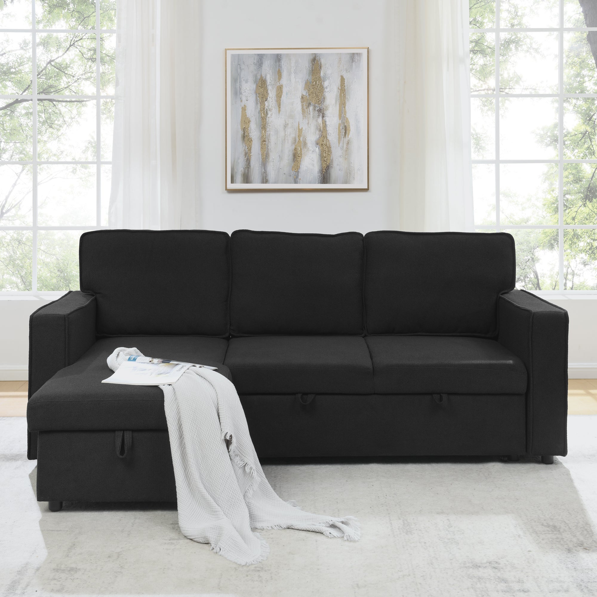 Linen Upholstered Sleeper Sectional Sofa, Shaped Modular Convertible Sofa with Storage Chaise,There are two cup holders in the middle and USB multi-interface function,Pull Out Sleep Couch Bed ,Black