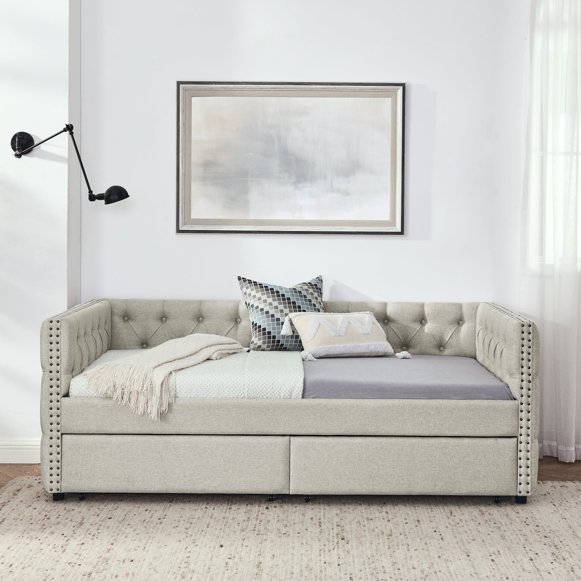 Upholstered Twin Size Daybed with Two Drawers, with Button and Copper Nail on Square Arms, Beige (82.75''x43''x30.75'')