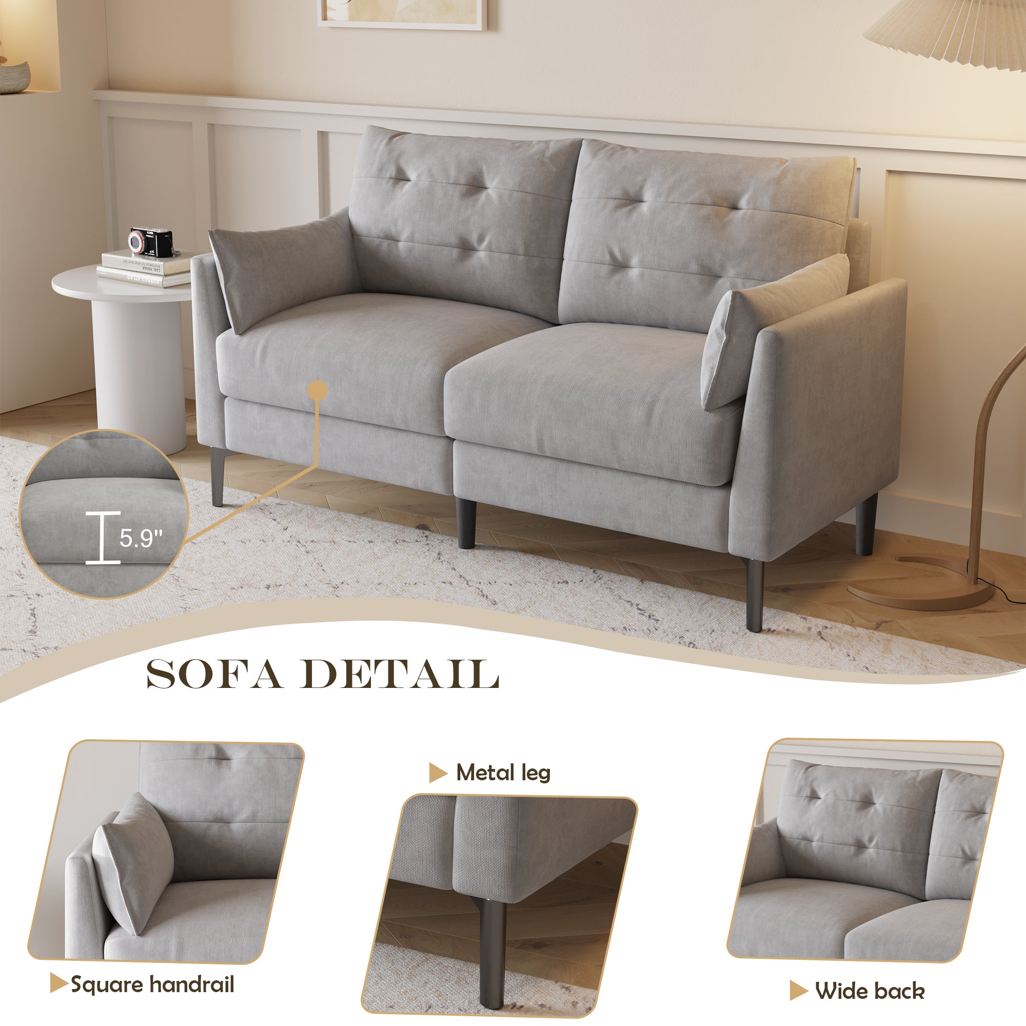 57.5" Gray Cotton Linen Sofa - Modern Loveseat with Soft Upholstery for Living Room