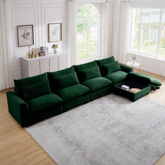 Large L Shape Sectional Corduroy Sofa,Deep Seat Couch with Storage Footstool and 4 Waist Pillows, Green