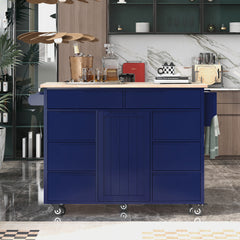 K&K Store Kitchen Cart with Rubber Wood Countertop , 8 Handle-Free Drawers and 5 Wheels for Kitchen Dinning Room, Dark Blue