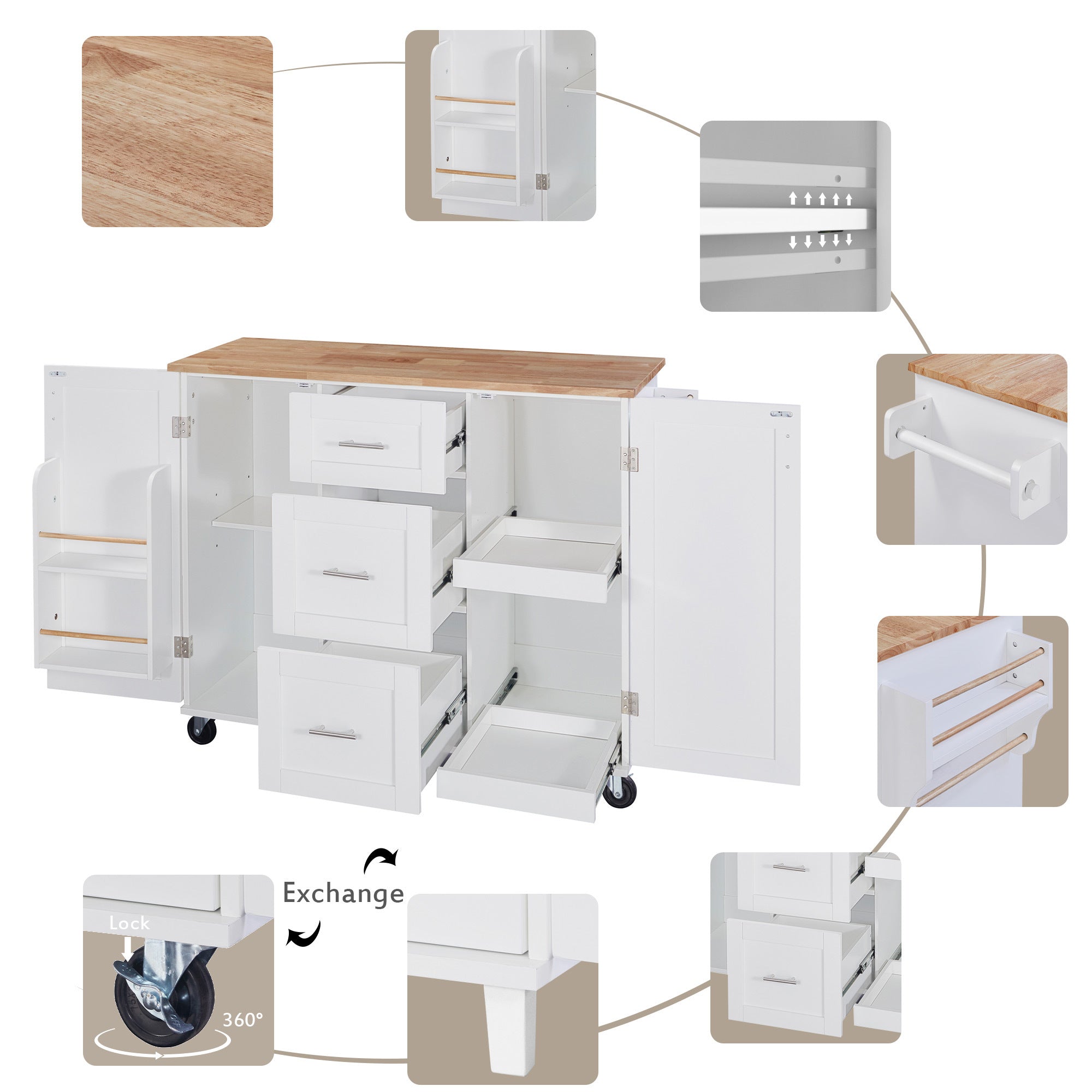 K&K Rolling Kitchen Island with Storage, 3 Drawer, 2 Slide-Out Shelf and Internal Storage Rack, White