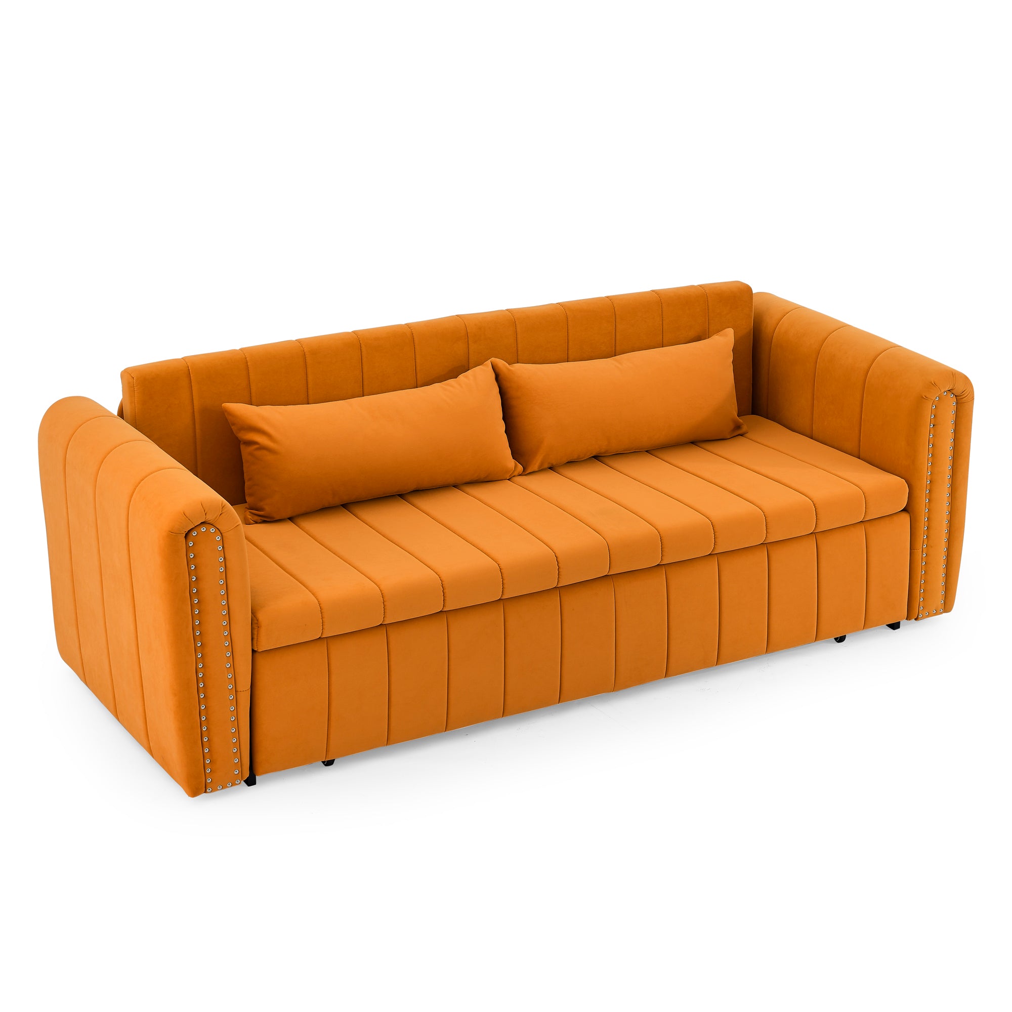 3 in 1 Pull-Out Bed Sleeper, Modern Upholstered 3 Seats Lounge Sofa & Couches with Rolled Arms Decorated with Copper Nails , Convertible Futon 3 Seats Sofabed with Two Drawers and Two Pillows