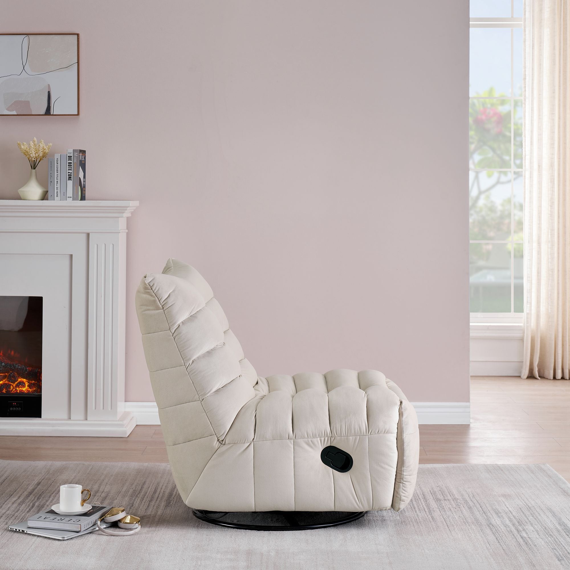 Modern Rotatable Beige Lounge Chair with Side Storage Pocket - Stylish & Durable Recliner for All Your Room