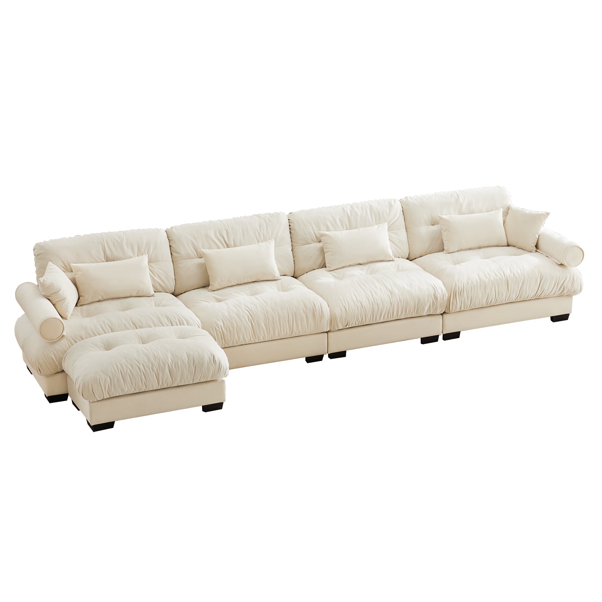 L-Shaped Convertible 4-Seater Cloud Sofa, Modern Velvet with Pillows and Bolstered Armrests,Cream