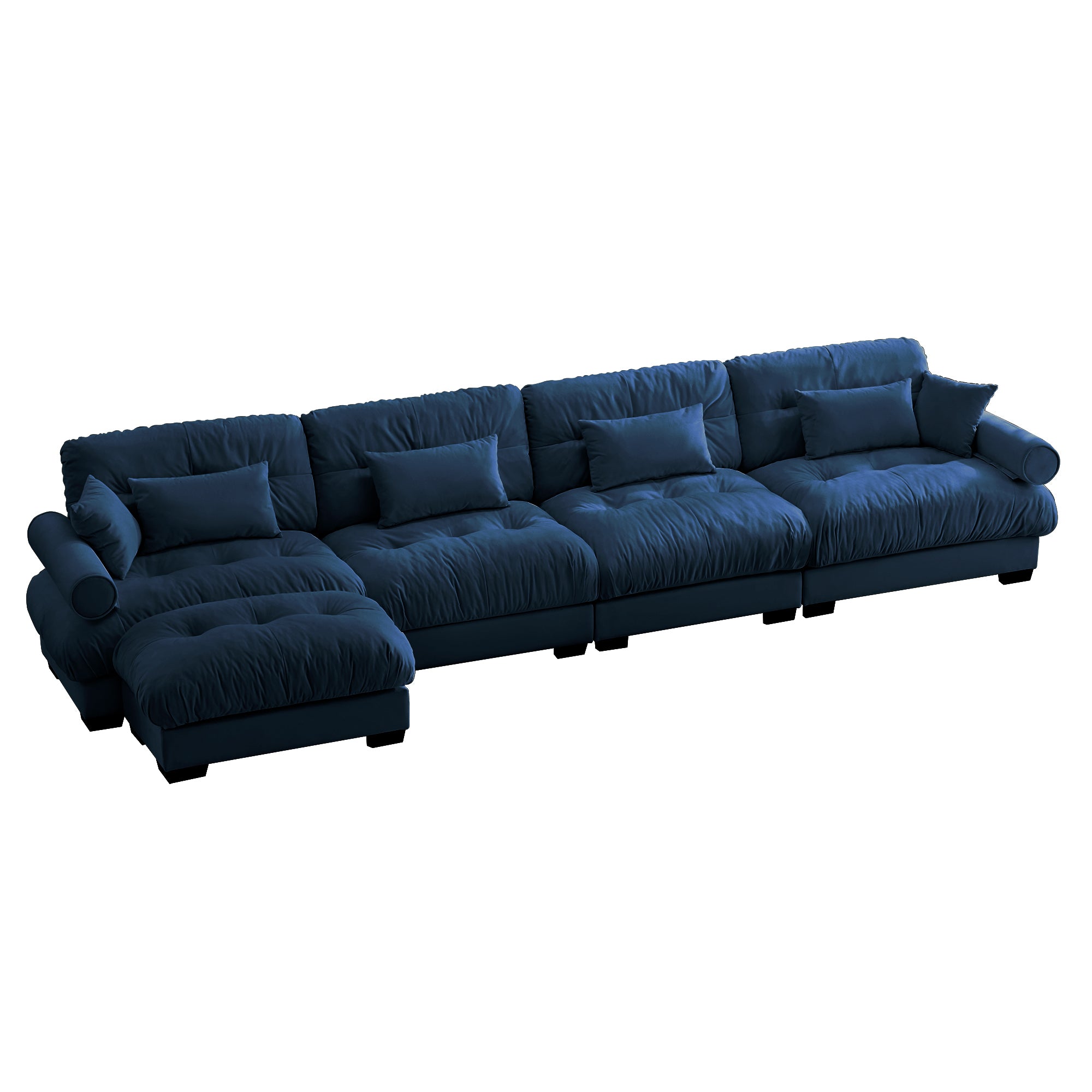 L-Shaped Convertible 4-Seater Cloud Sofa, Modern Velvet with Pillows and Bolstered Armrests, Blue