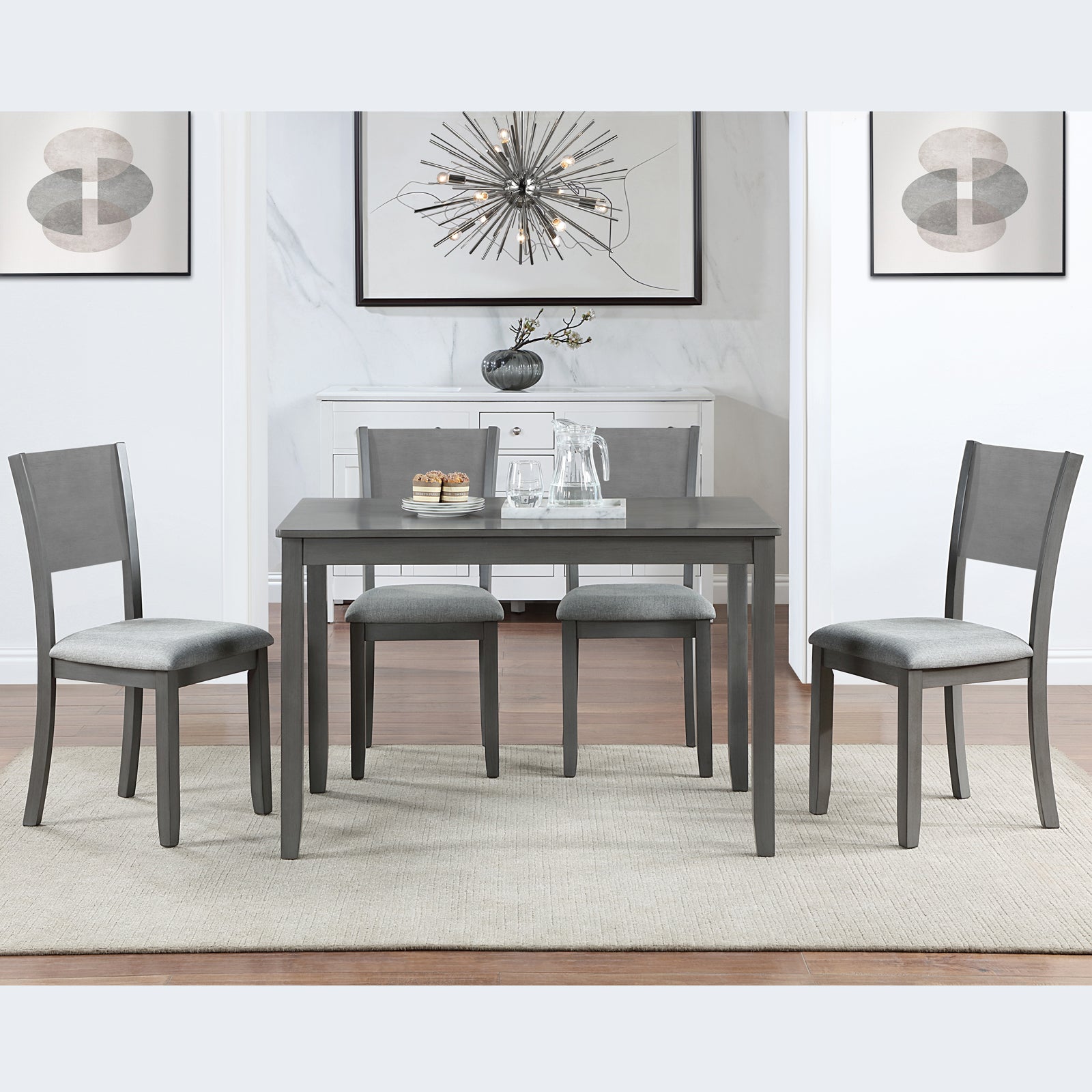 5 Piece Modern Dining Set, Rectangular Wooden Dining Table with 4 Upholstered Chairs for Kitchen, Dining Room, Gray