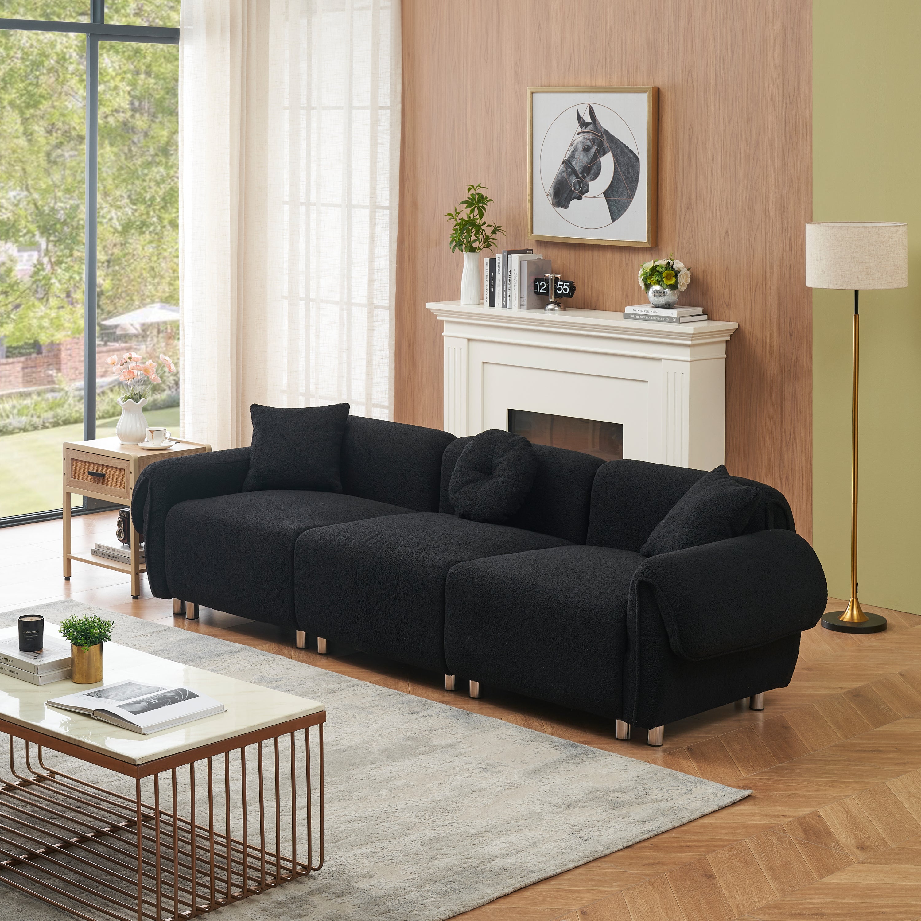 112 inch black teddy velvet fabric, with 3 pillows, three sofa can be placed in the living room and other scenes black teddy velvet fabric, with 3 pillows, three sofa can be placed in the living room