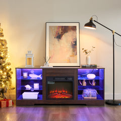 Electric Fireplace TV Stand with Glass Shelves, LED Lights, USB Charging Outlet, Fits TVs up to 62", Dark Brown