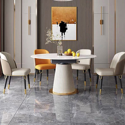 Modern Foldable Round Dining Table with Marble Top & Metal Pedestal for 6-8 Person qc-wy-1069-ms