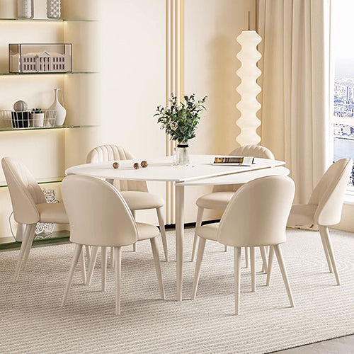 Modern Extendable Round Dining Table in White - Durable Marble Top & 4 Iron Legs for 6-8 People qc-wy-628