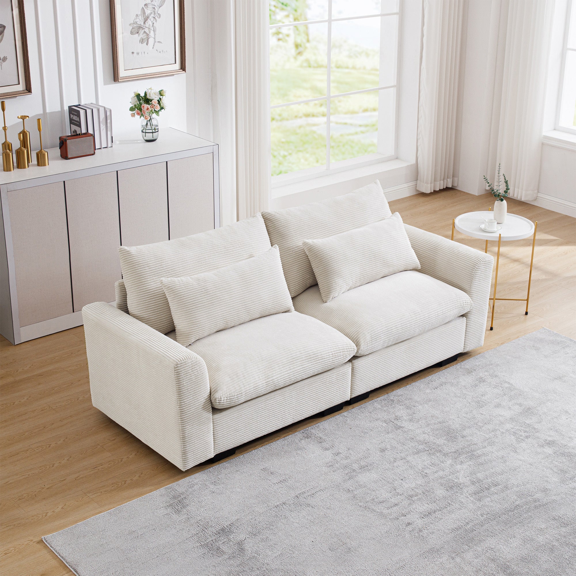 Beige Corduroy Sofa Couch, Deep Seat Couches for Modern Living Room/Apartment/Office